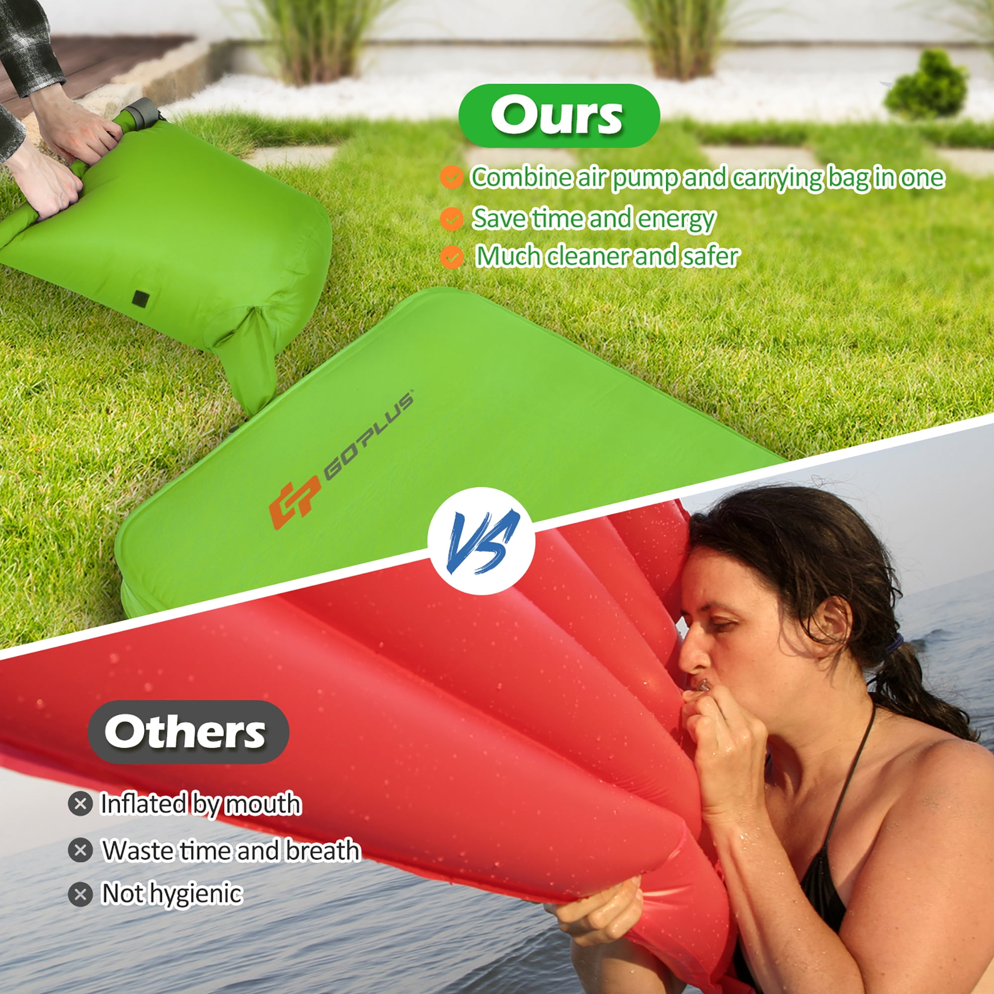 Costway Self-Inflating Camping Mattress, Waterproof Folding Sleeping Pad for Hiking and Backpacking (Green, 4 in Thick) ff6k4
