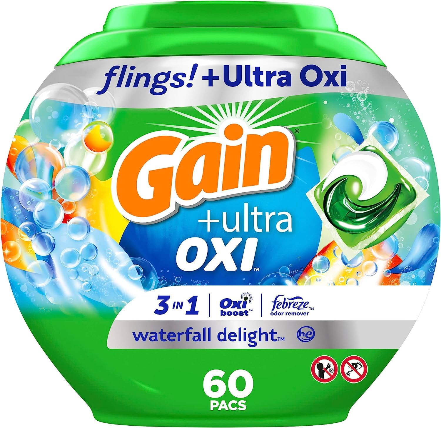 Gain Flings Ultra Oxi Laundry Detergent Pacs, Deep Cleaning & Odor Removal (Waterfall Delight, 60 Count) yf063
