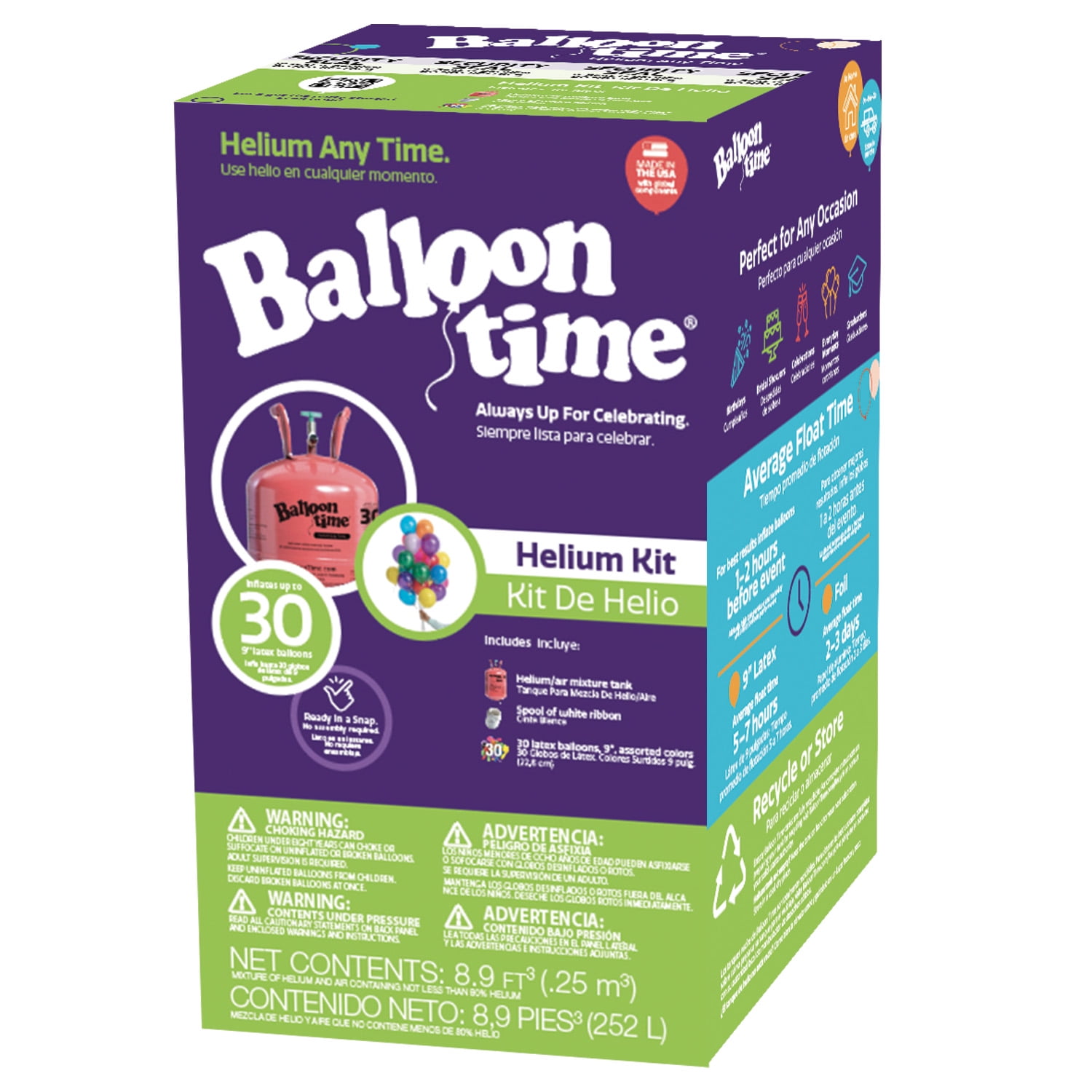 Balloon Time Helium Tank Kit for Party Decorations with Ribbons and Balloons (Medium, 8.9 cu ft) 6ayji