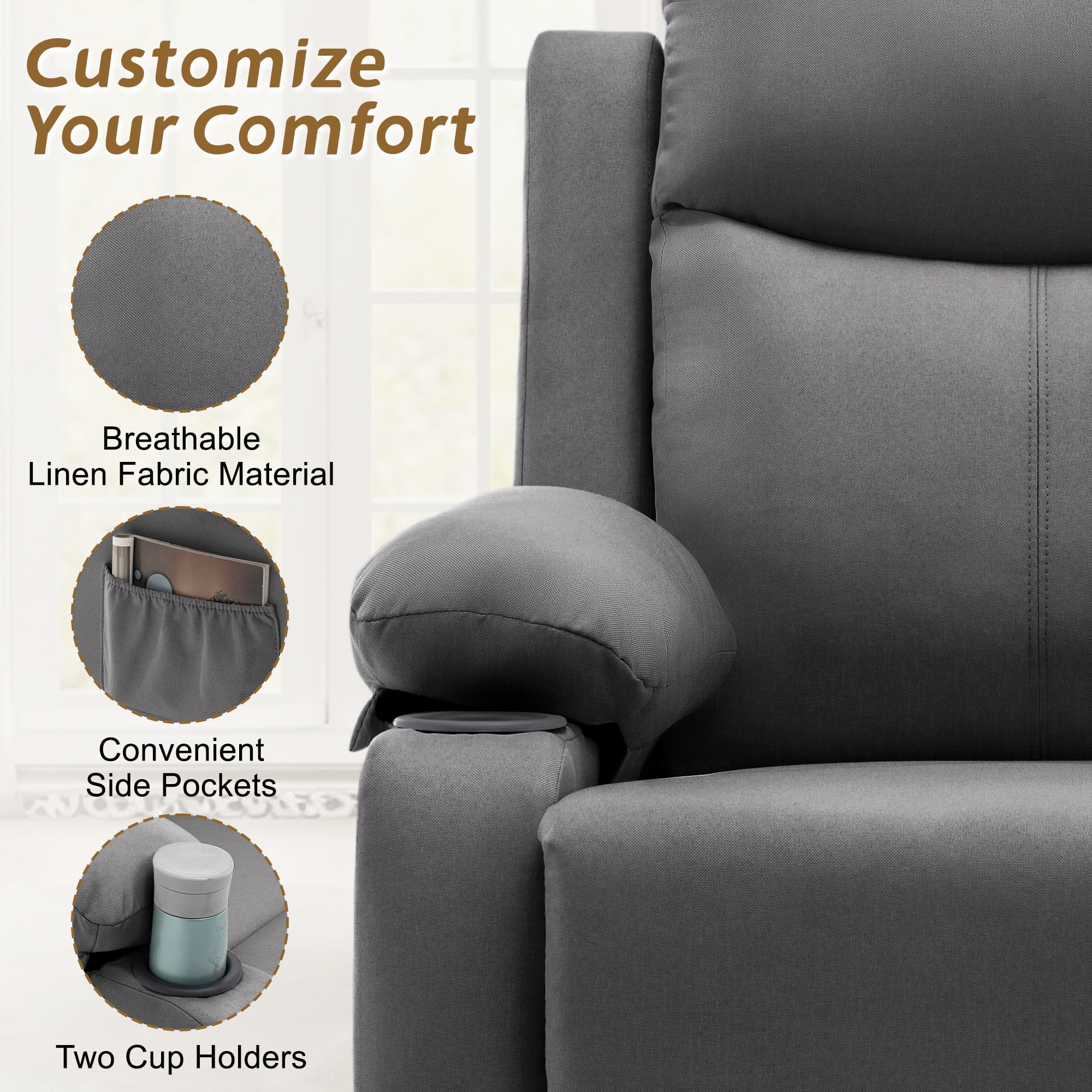 KORSER Manual Recliner Chair for Small Spaces, Breathable Linen Fabric with Cup Holders (Dark Grey, 35.4 in D x 31.1 in W x 35.8 in H) u5p7p