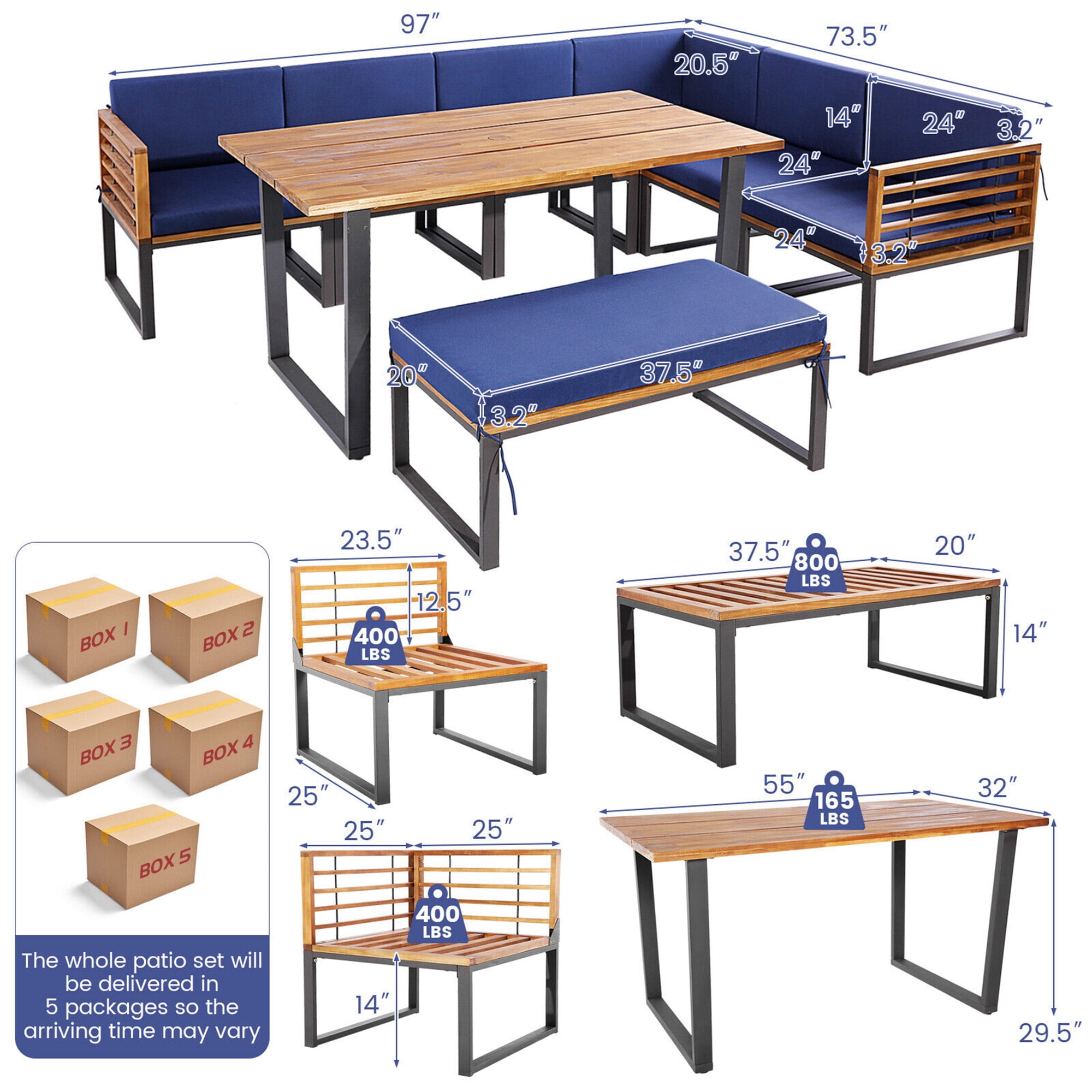 Gymax 8-Piece Patio Dining Set Acacia Wood L-Shaped Sectional Sofa with Navy Cushions (8-Piece Set) enb7g