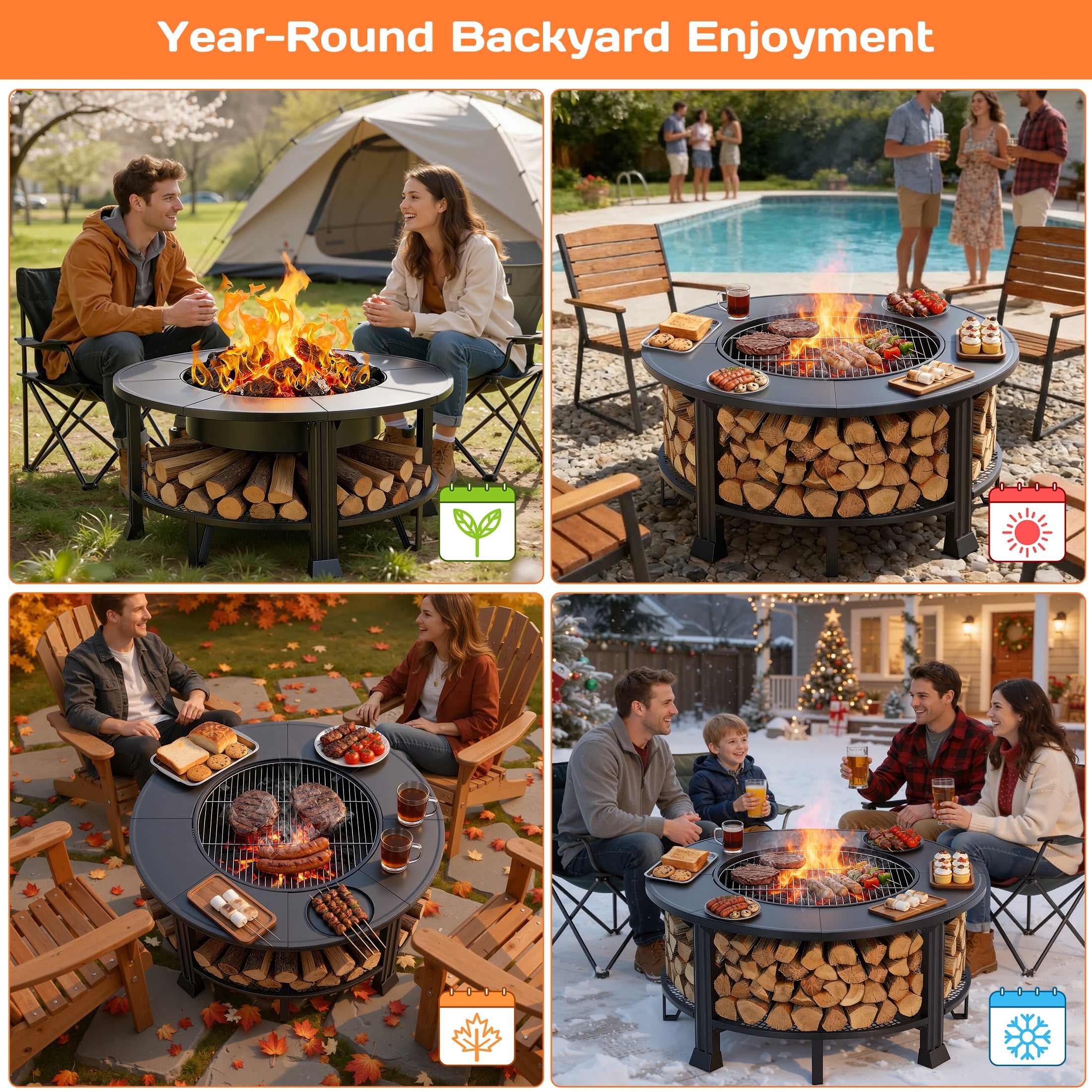 Segmart 38 in Round Wood Burning Fire Pit Table with Grill, Poker, and Waterproof Cover (Black, 38 in) ra8m1