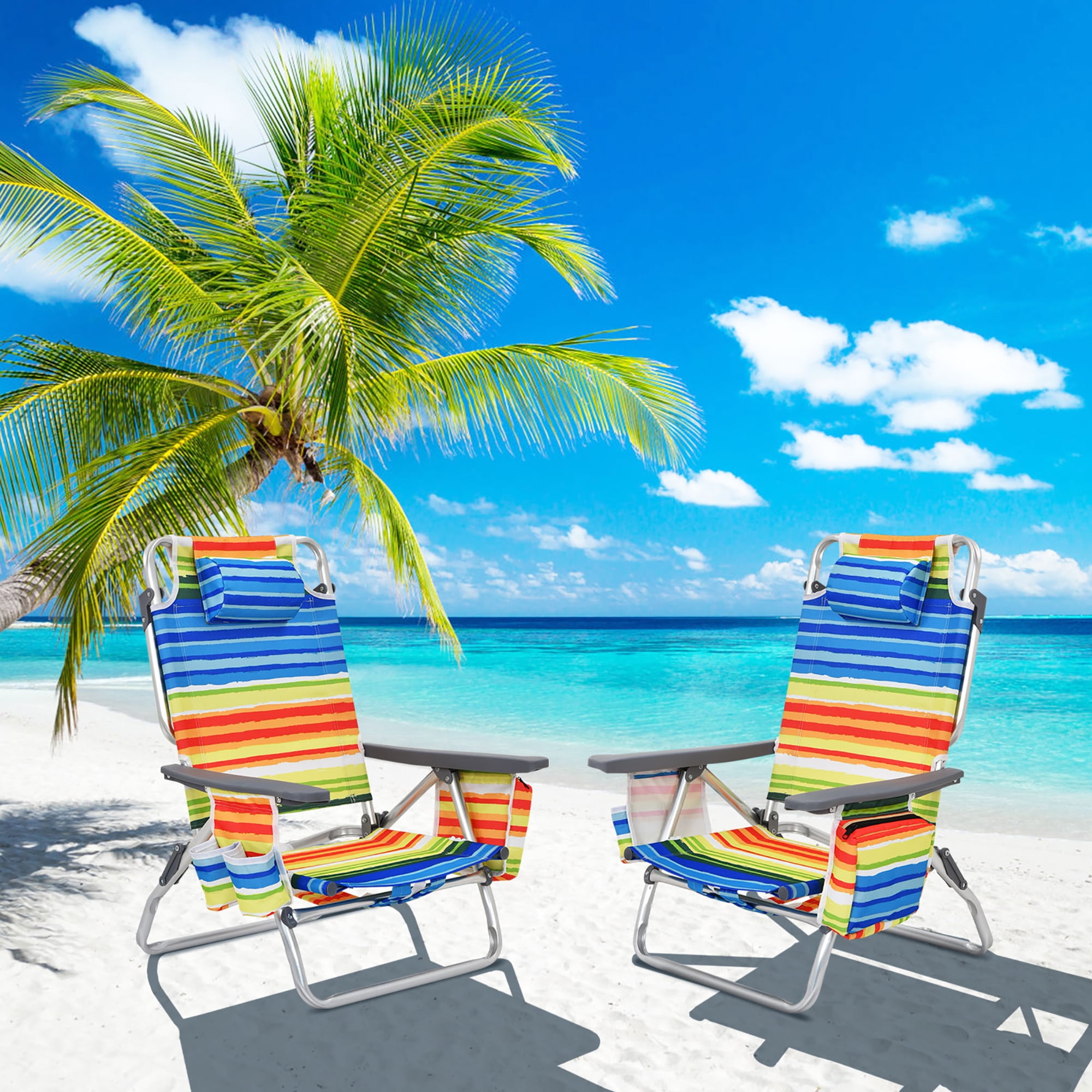 Costway 2-Pack Folding Backpack Beach Chair (5-Position Reclining Outdoor Chair with Pillow, Yellow) peyhw