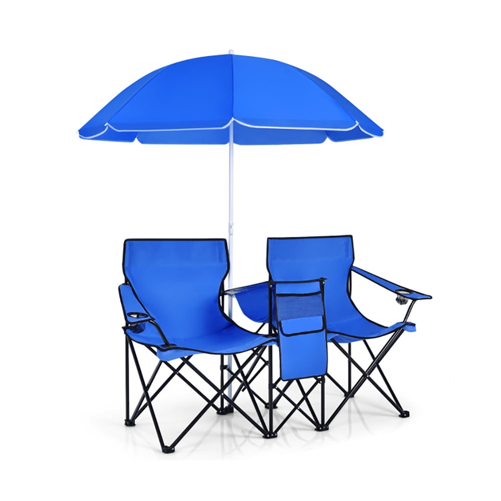 YYAo Double Folding Camping Chair with Umbrella and Cooler Bag (Blue, 2-Seat) 0x3dx