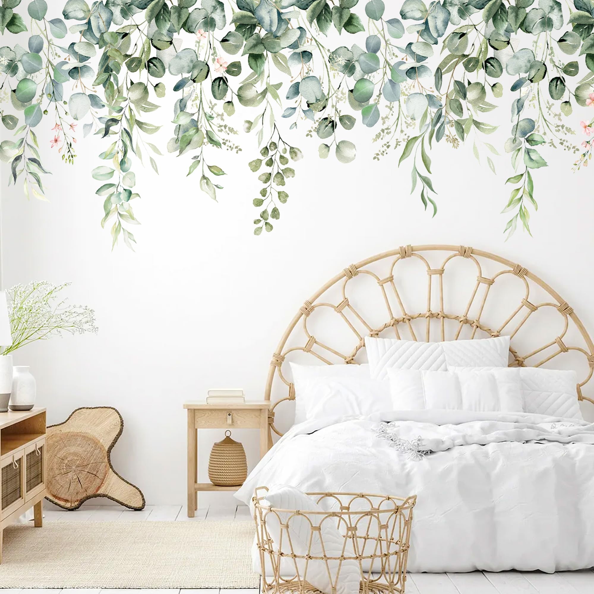 Neasyth Watercolor Floral Wall Decals, Peel and Stick Hanging Leaf Plant Giant Wall Stickers for Bedroom and Living Room (Green, 3 Sheets) nkj7n