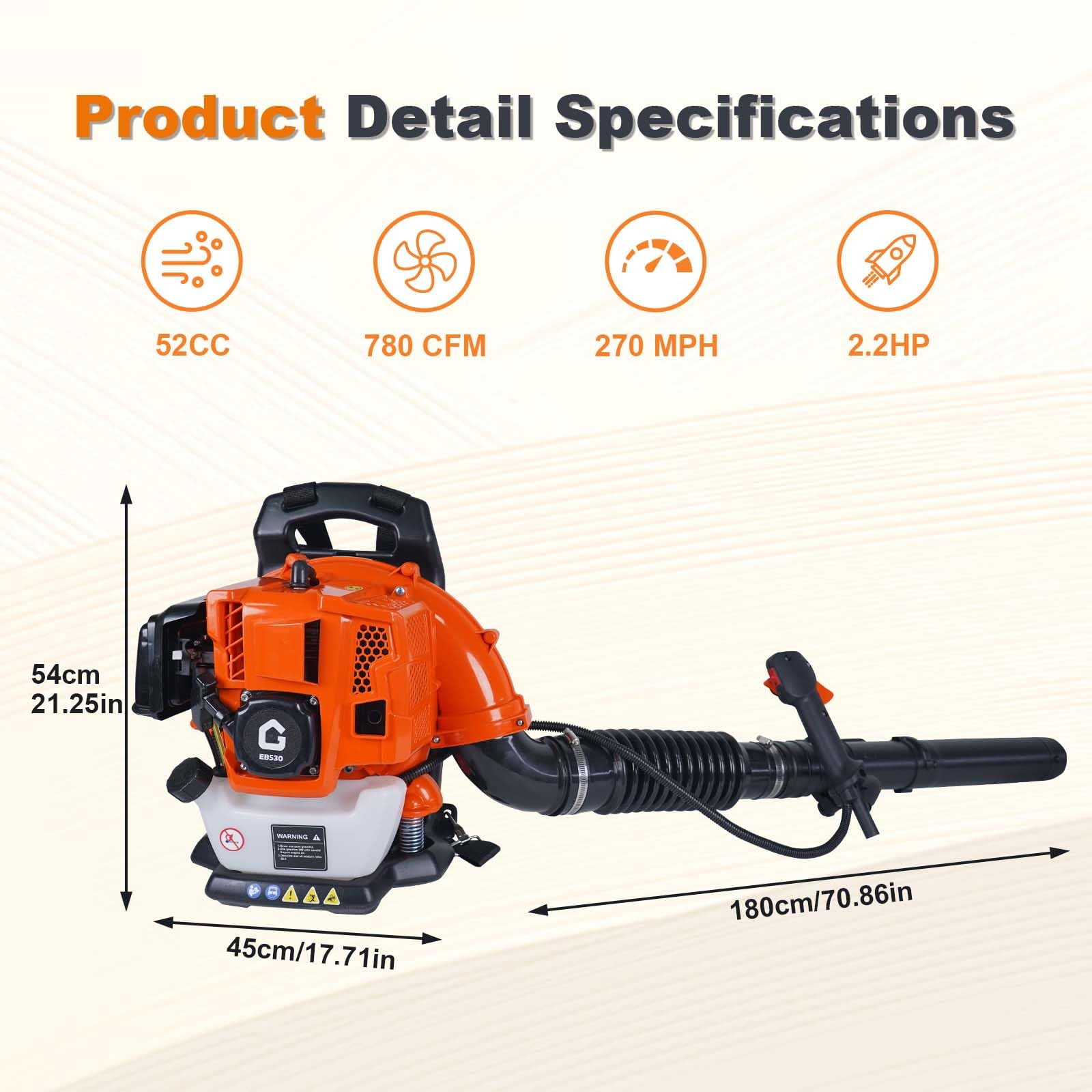 Juiluna 52CC Backpack Gas Leaf Blower, 2.2 HP 780 CFM 270 MPH Professional Lawn Care Tool (Orange, 52CC) f6y8j