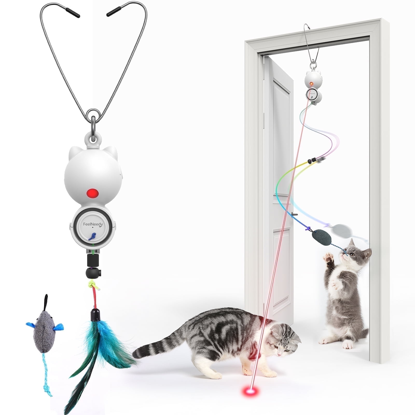 Feelneedy Interactive Cat Toy, 2-in-1 Automatic Laser Teaser and Hanging Feather Toy for Indoor Cats (White, 9.8 in) 47kni