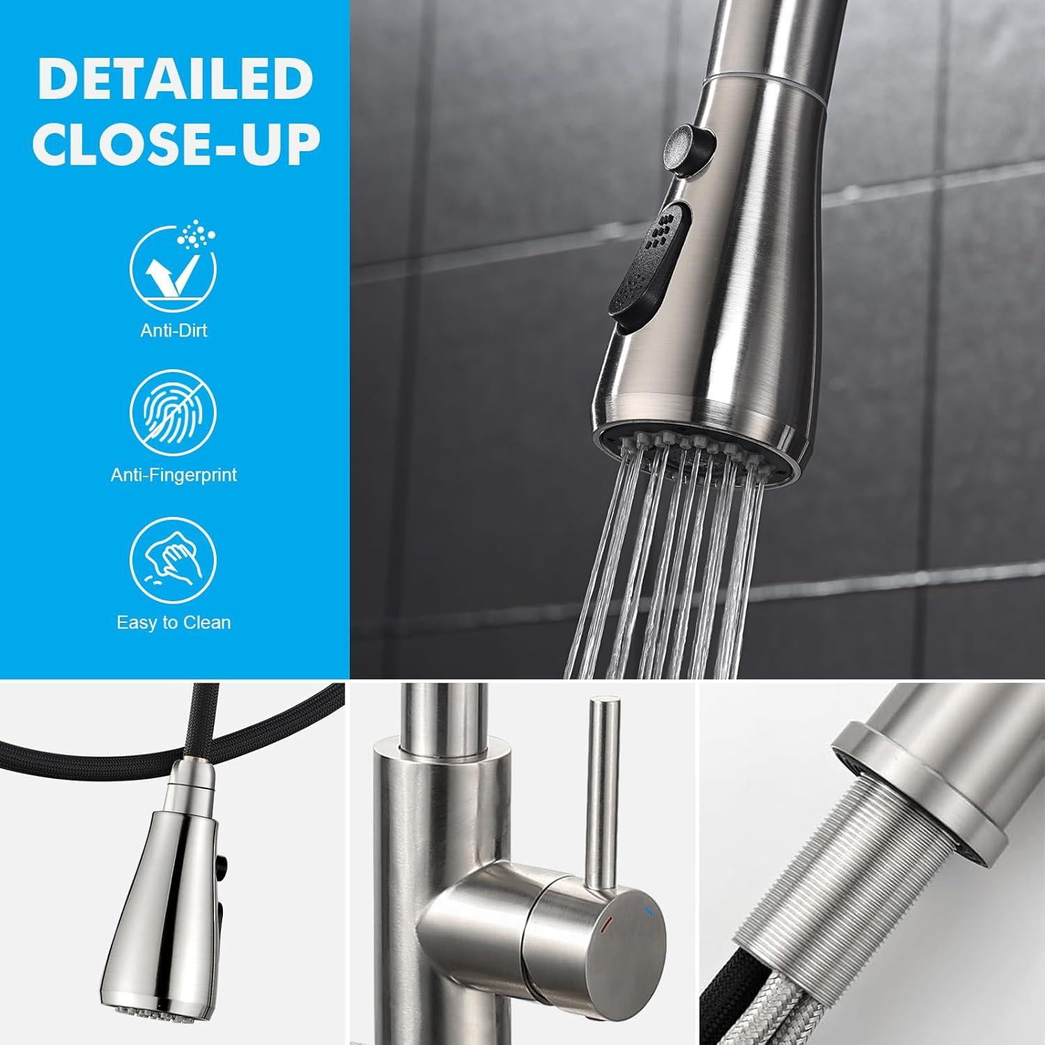 Tmdioo Kitchen Faucet with Pull Down Sprayer, High Arc Stainless Steel Single Handle Sink Faucet (Brushed Nickel, 18 in Hose) eg5qt