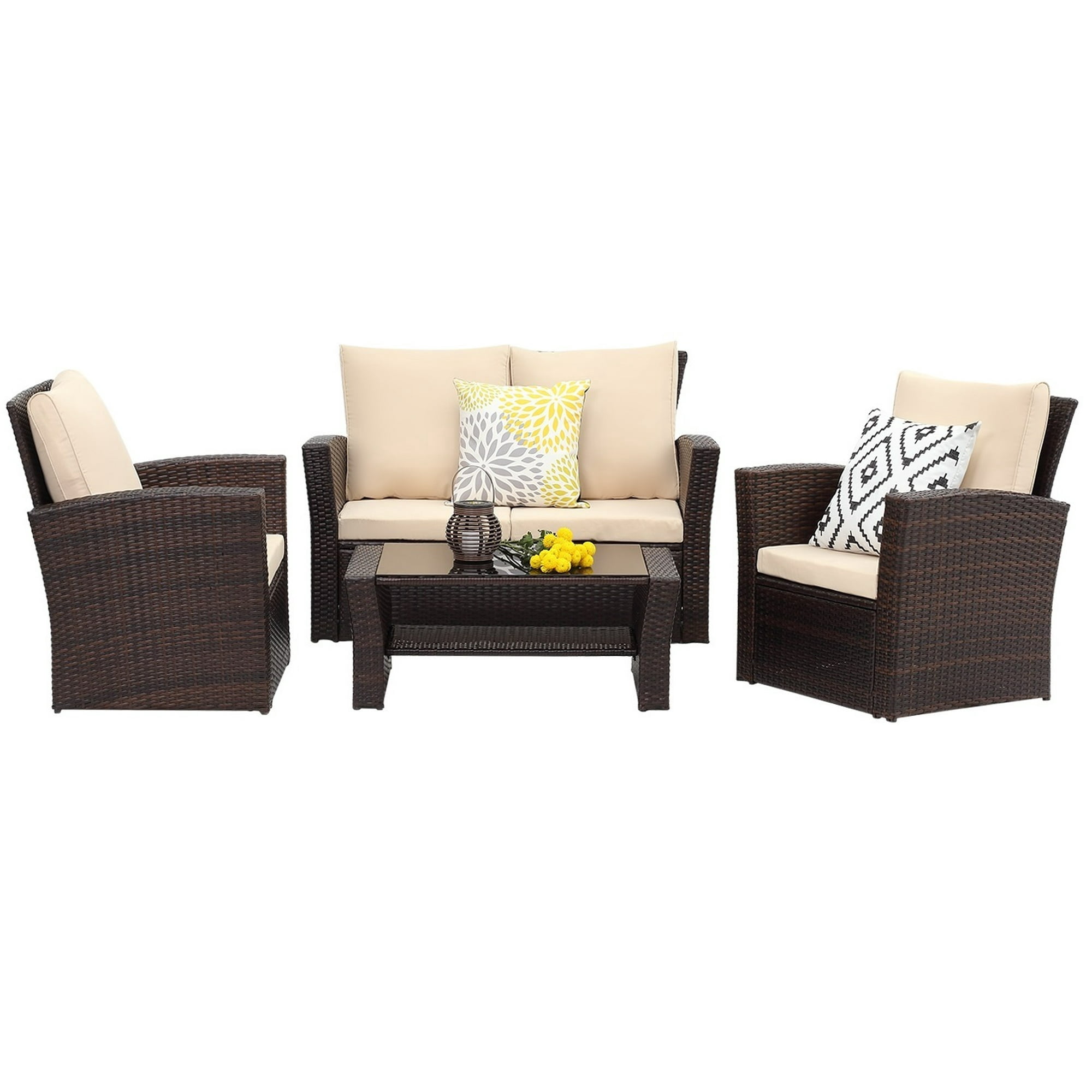 Cozy Home 4-Piece Rattan Outdoor Patio Furniture Set, Wicker Conversation Sofa and Coffee Table (Brown, 4-Piece Set) blo4v