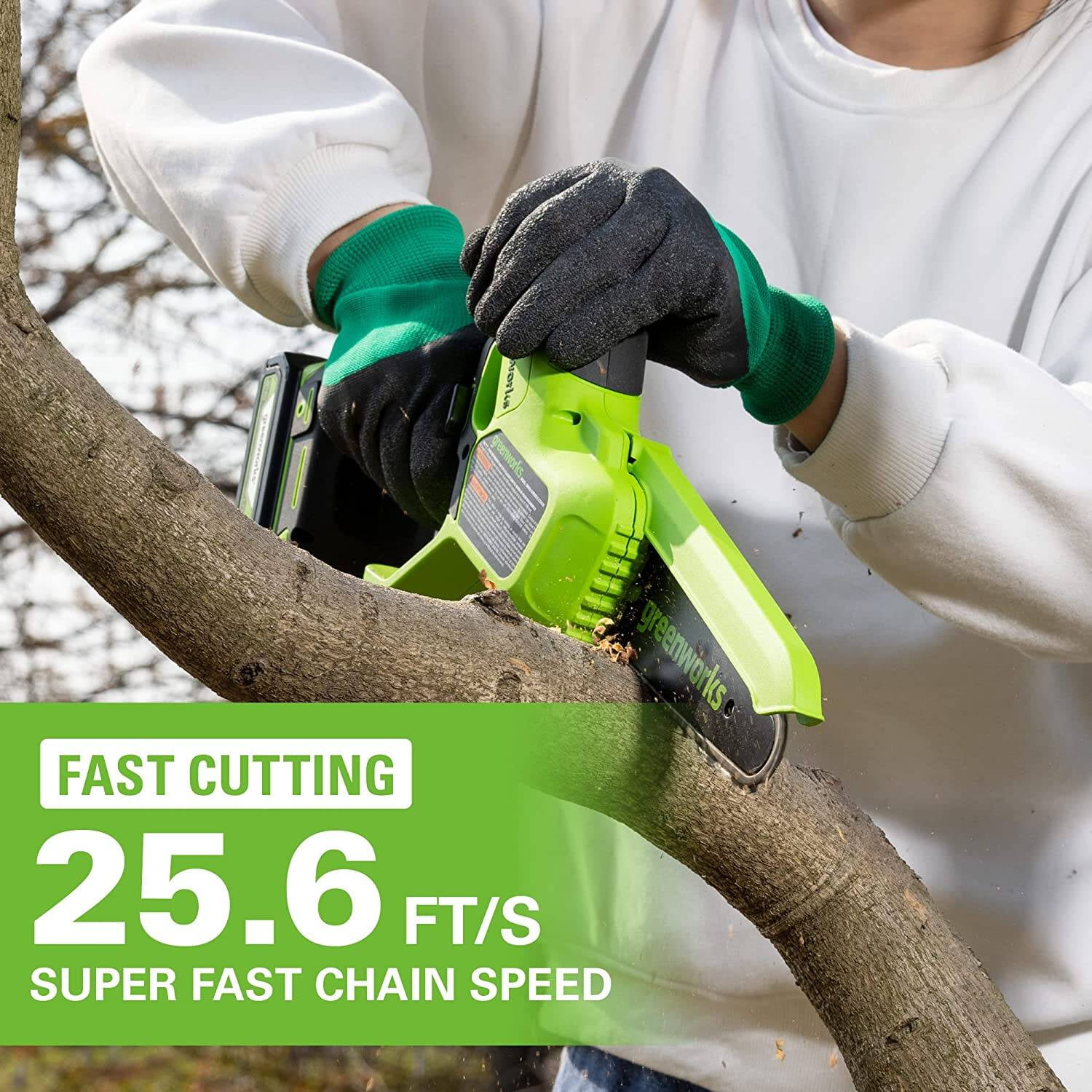 Greenworks 24V 6 in Brushless Cordless Pruner Chain Saw with 2.0Ah Battery and Charger (Green, 3.4 lb) icrxw