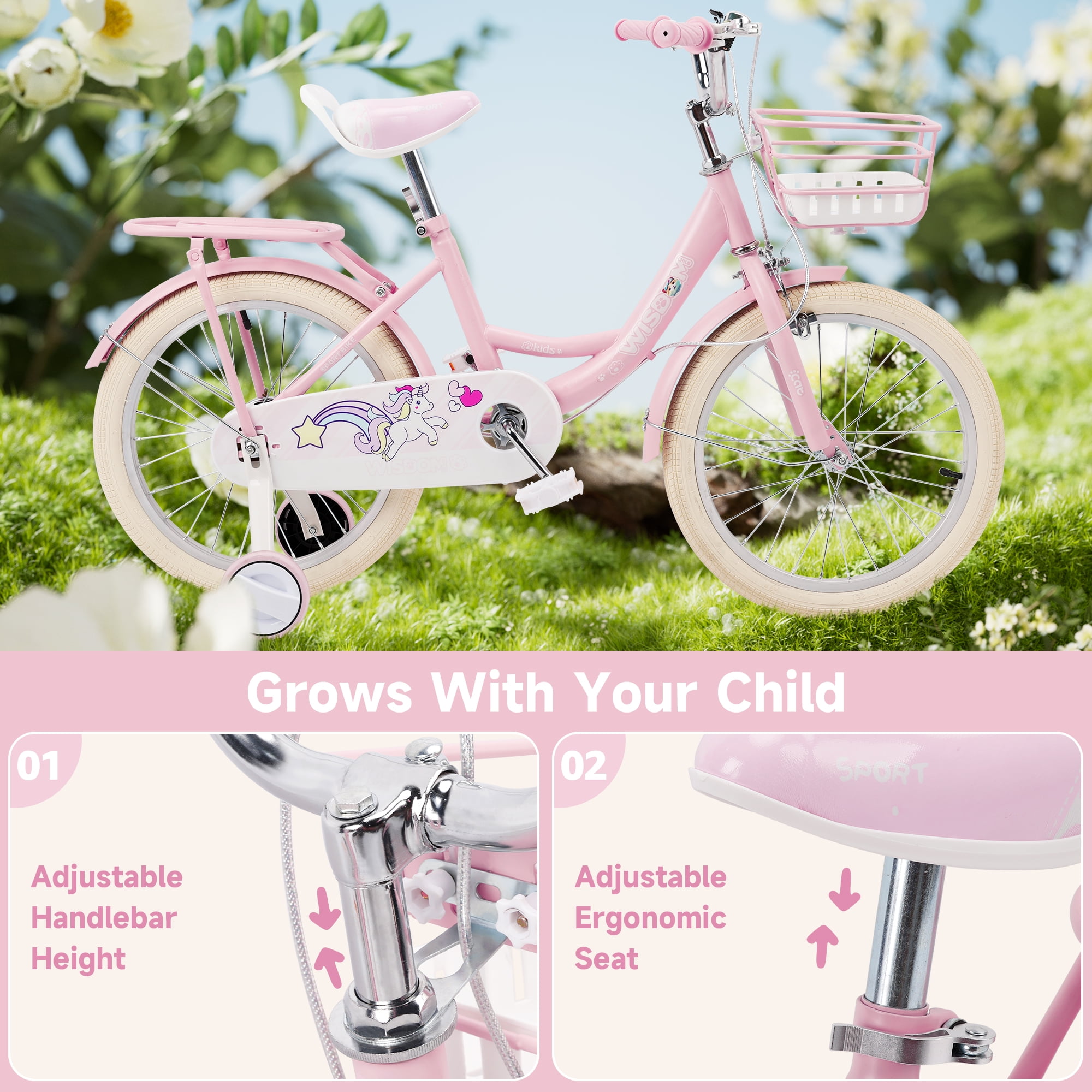 Bruce & Shark Kids Bicycle with Training Wheels and Basket (Pink, 18 in) 6vb7m - Image 14