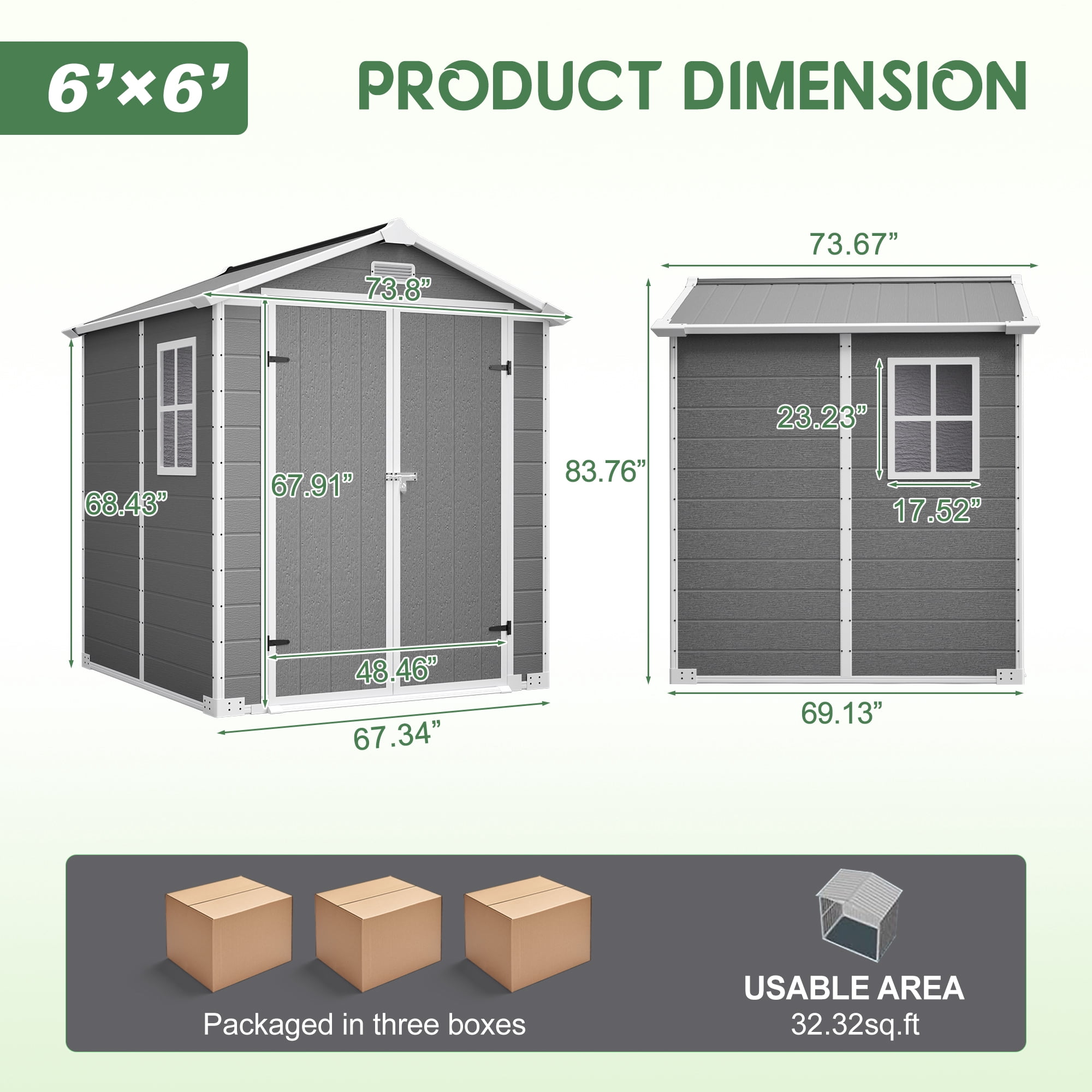 LZBEITEM 6 ft x 6 ft Outdoor Storage Shed, Weather-Resistant Resin Tool Shed with Heavy-Duty Floor and Lockable Doors (Grey, 205 cu.ft) sgccu