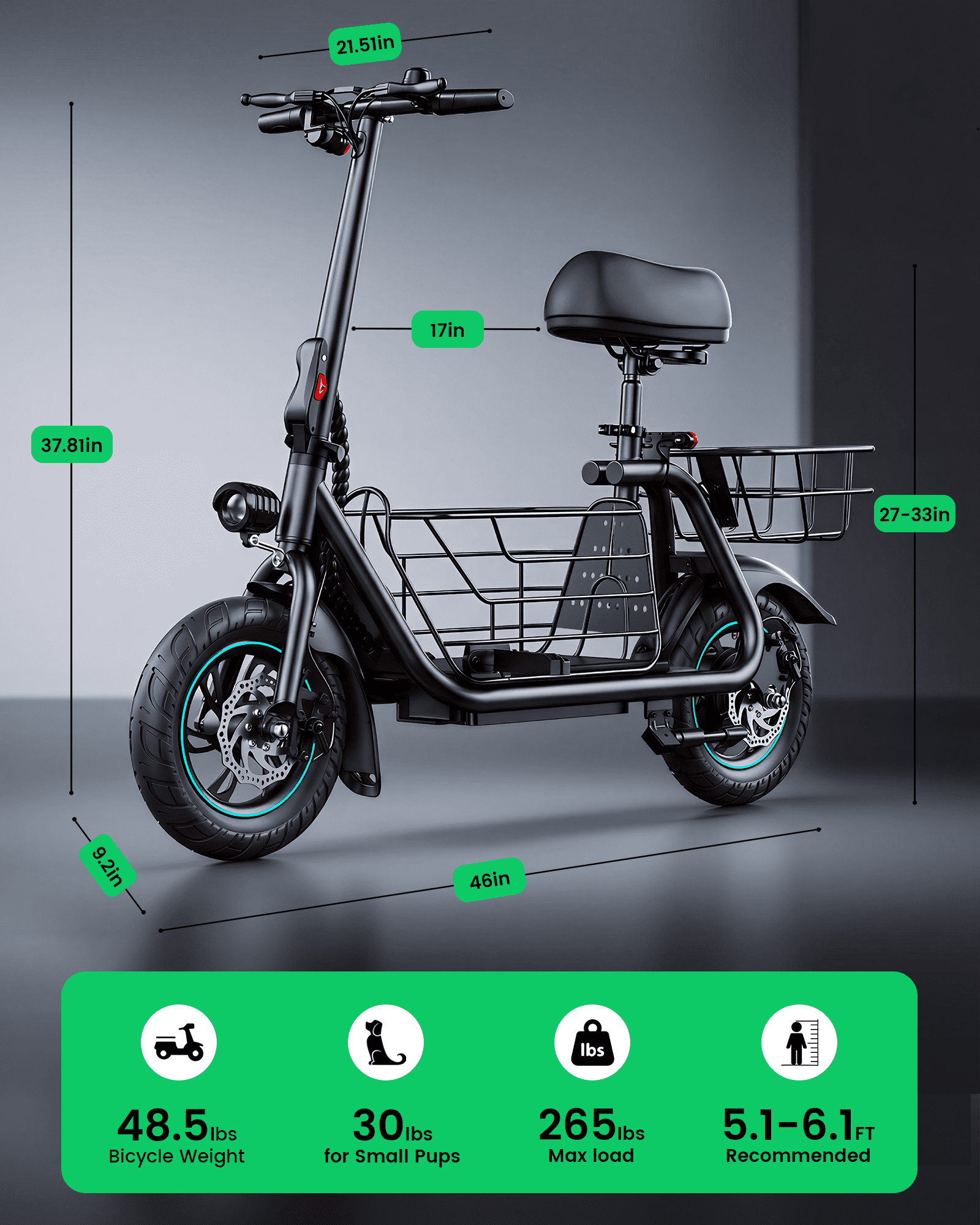 MIHOVER Electric Scooter for Pets with Seat and Dual Baskets (Black, 12 in) 0451i