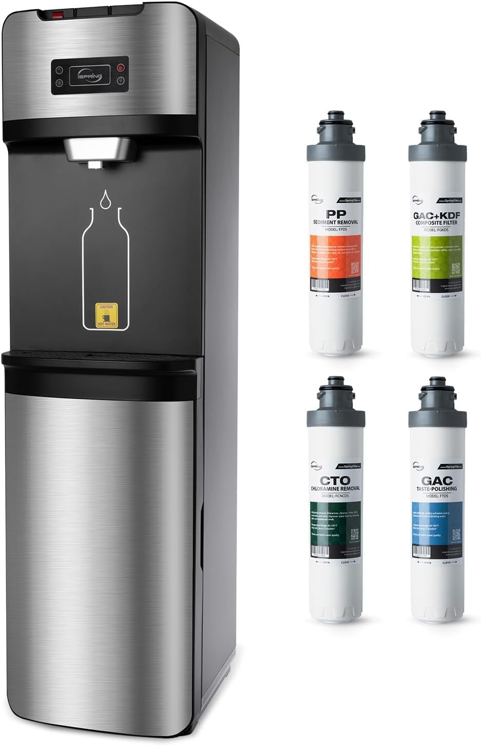 iSpring 4-Stage Filtration Water Dispenser with Self-Cleaning Function (Silver, 11.8 in x 14.1 in x 41.7 in) 3k7es