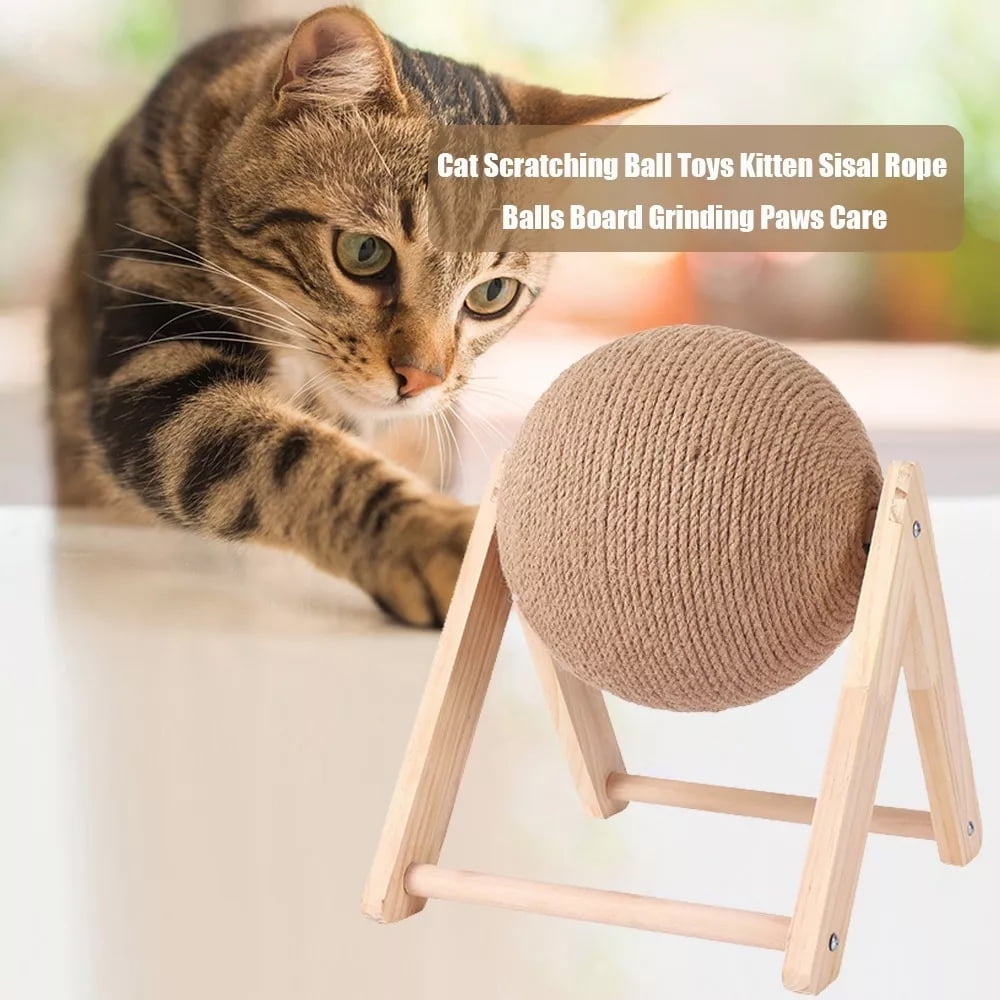 Oenbopo Cat Scratching Ball Toy, Natural Sisal Spinning Scratcher with Solid Wood Base (Brown, 4.7 in) ftv83