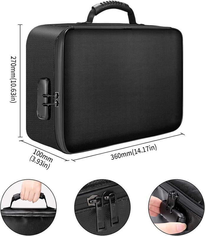 ANUNU Fireproof Document Bag with Combination Lock, Water Resistant Money Organizer for Files, Passports, and Valuables (Black, 14.2 in x 10.6 in x 4 in) i9fjo