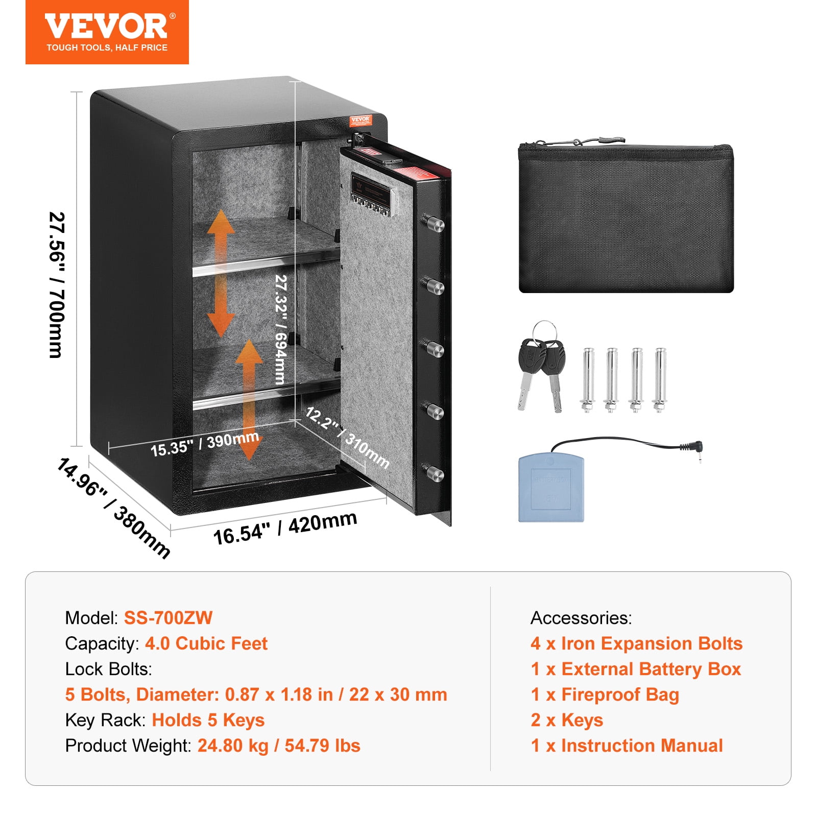 VEVOR Security Safe Box with Fingerprint Lock and Digital Keypad (4.0 cu.ft, Black) 40kwi