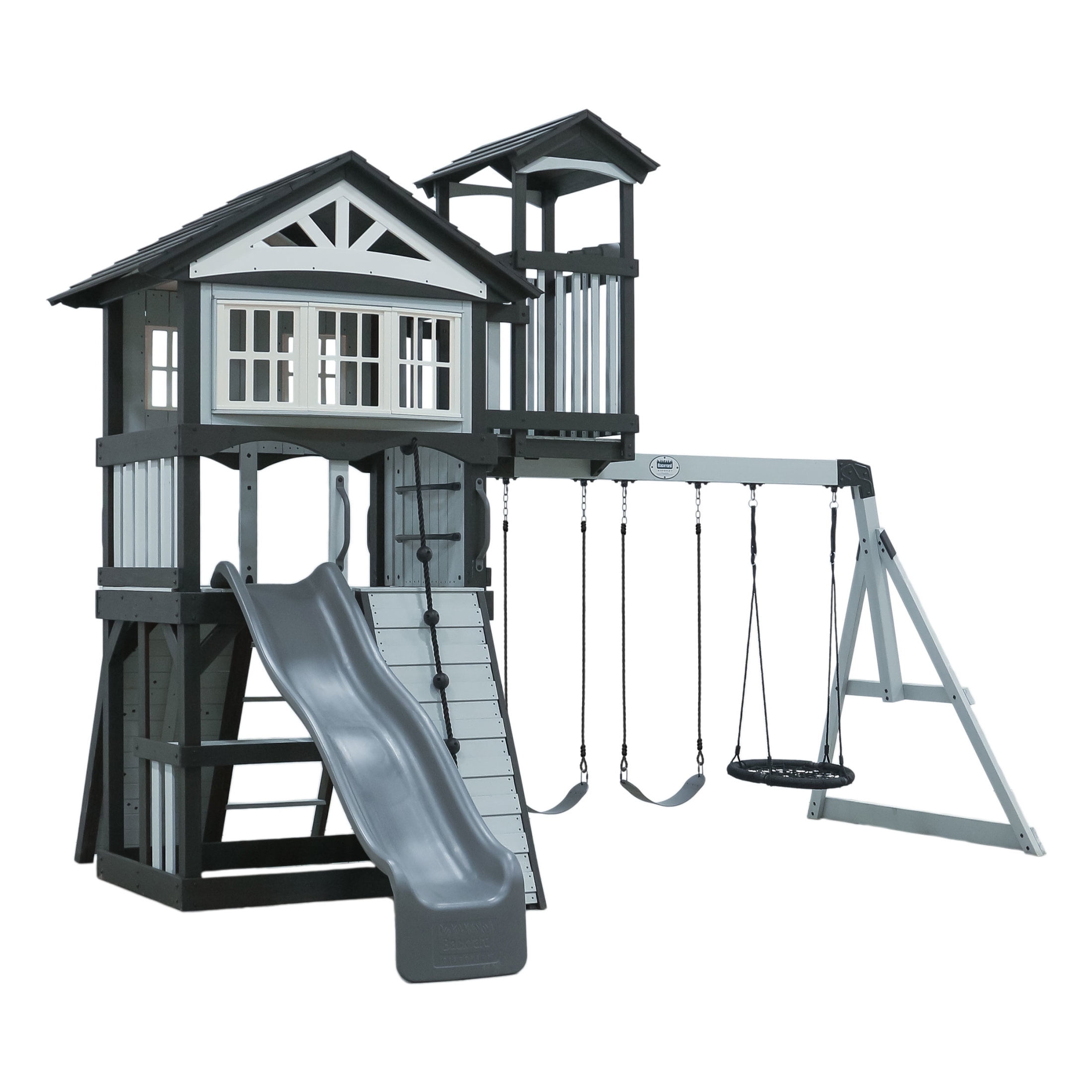 Backyard Discovery Whispering Point Cedar Wood Swing Set with Slide and Clubhouse (Light Gray, 8 ft Slide) 4jq9d