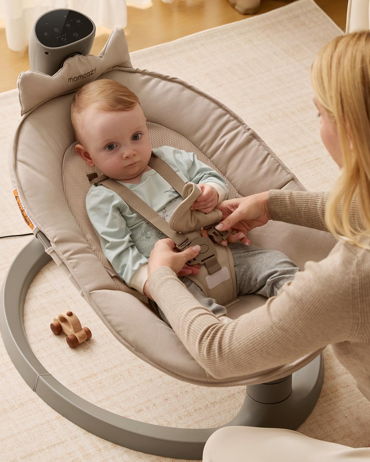 Momcozy 2-in-1 Electric Baby Swing and Toddler Seat, Dual-Arm Support System (Beige, 66 lb) pqi6o