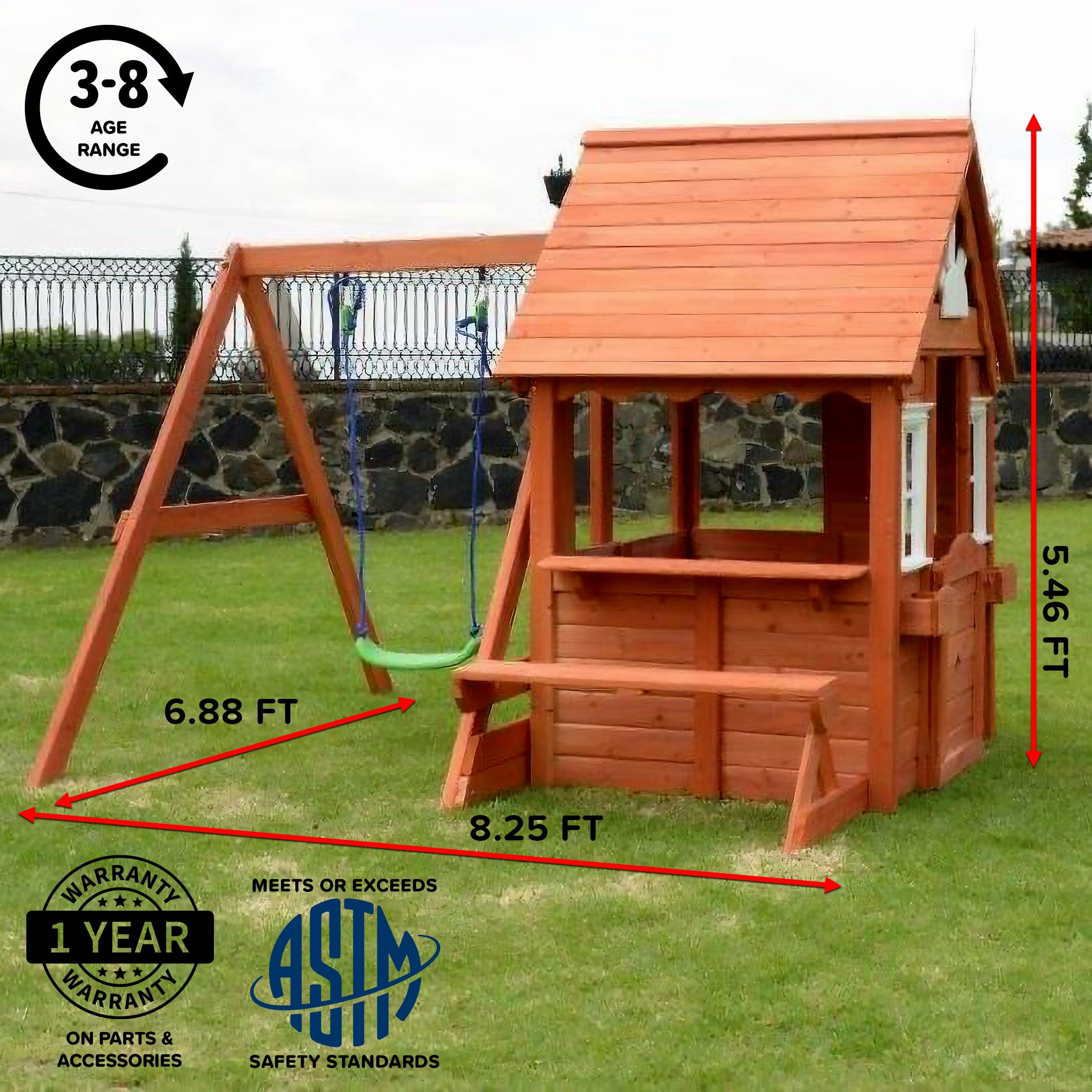 Sportspower Wooden Swing and Playhouse Set with Bench (Brown, 99 in x 82.5 in x 65.5 in) dlabq