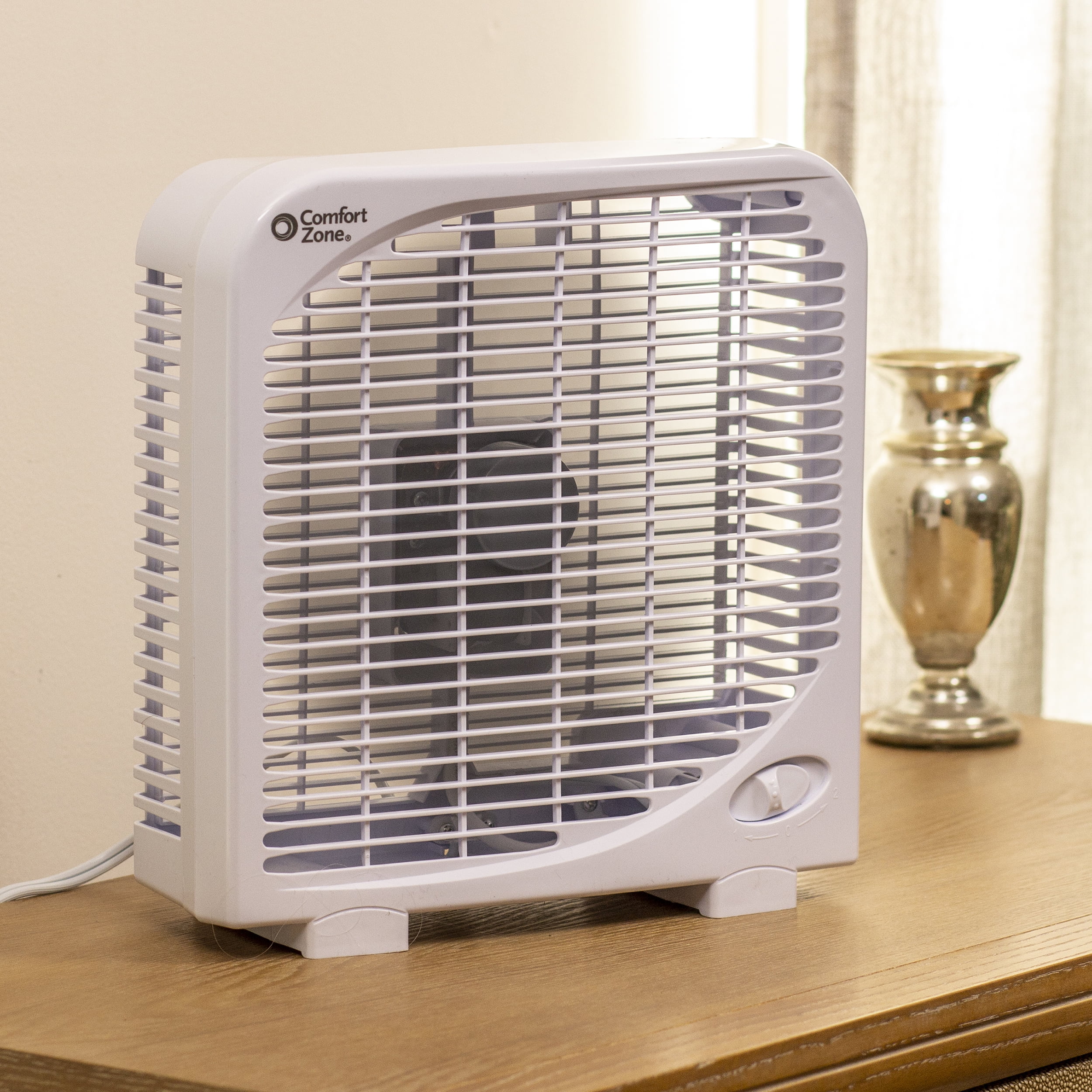 Comfort Zone 9 in Portable Box Fan, Quiet Personal Cooling (White, 9 in) ga9cr