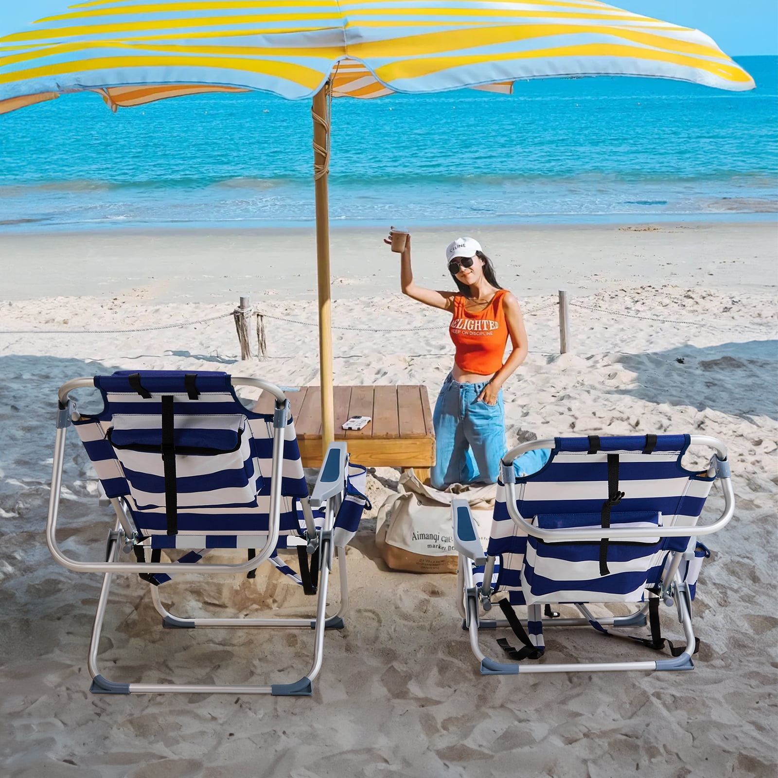 sluting Heightened Oxford Beach Chair with Adjustable Backrest (Blue Stripes, 24.8 in x 27.6 in x 39 in) 7tv28