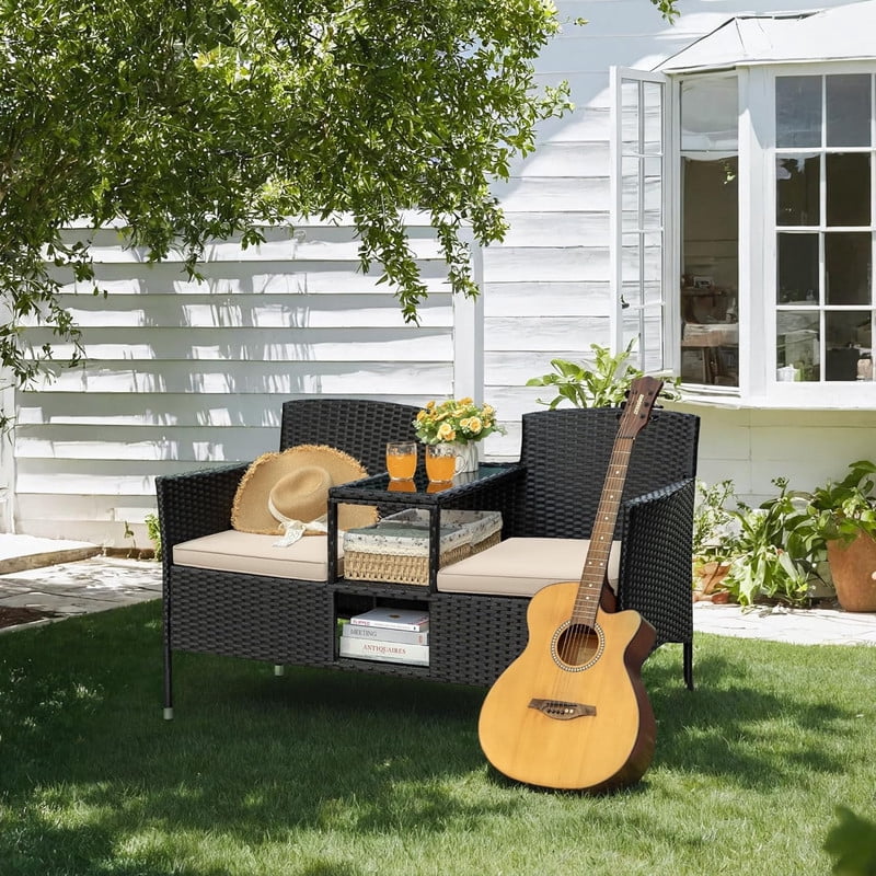 Vineego Outdoor Patio Loveseat Wicker Conversation Set with Center Storage Table and Cushions (Black, 2-Seat) ogpq5