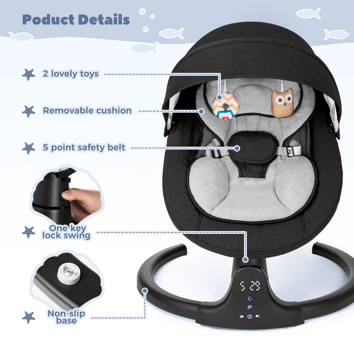 Caveen Electric Baby Swing for Infants, Bluetooth Music Bouncer Rocker with 5 Sway Modes and 5-Point Harness (Black, 24.41 in x 27.56 in x 20.87 in) jj9m7