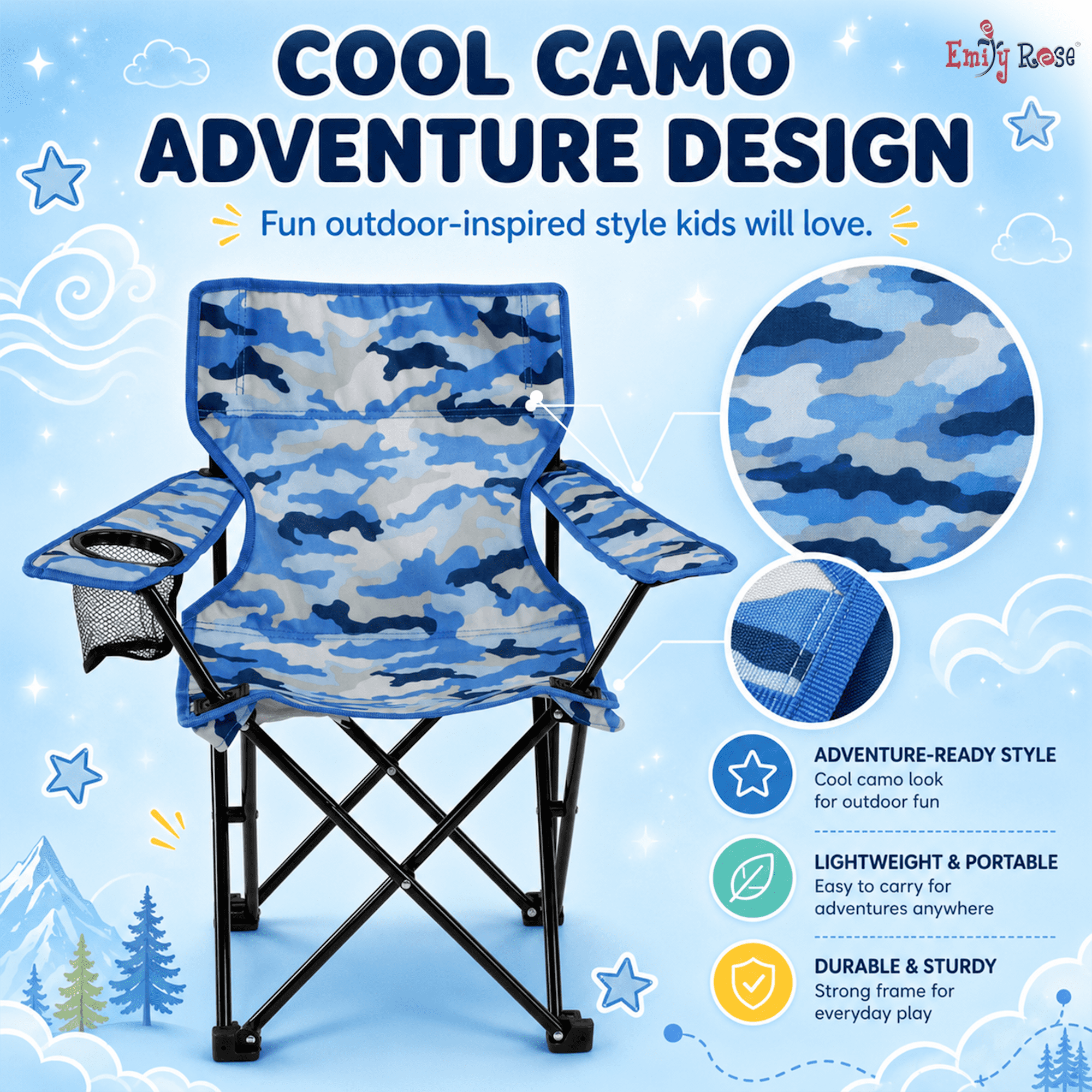 Emily Rose Portable Folding Beach Chair with Cup Holder and Carry Case (Blue Camo, 23.5 in x 13.5 in x 13.25 in) 9gael