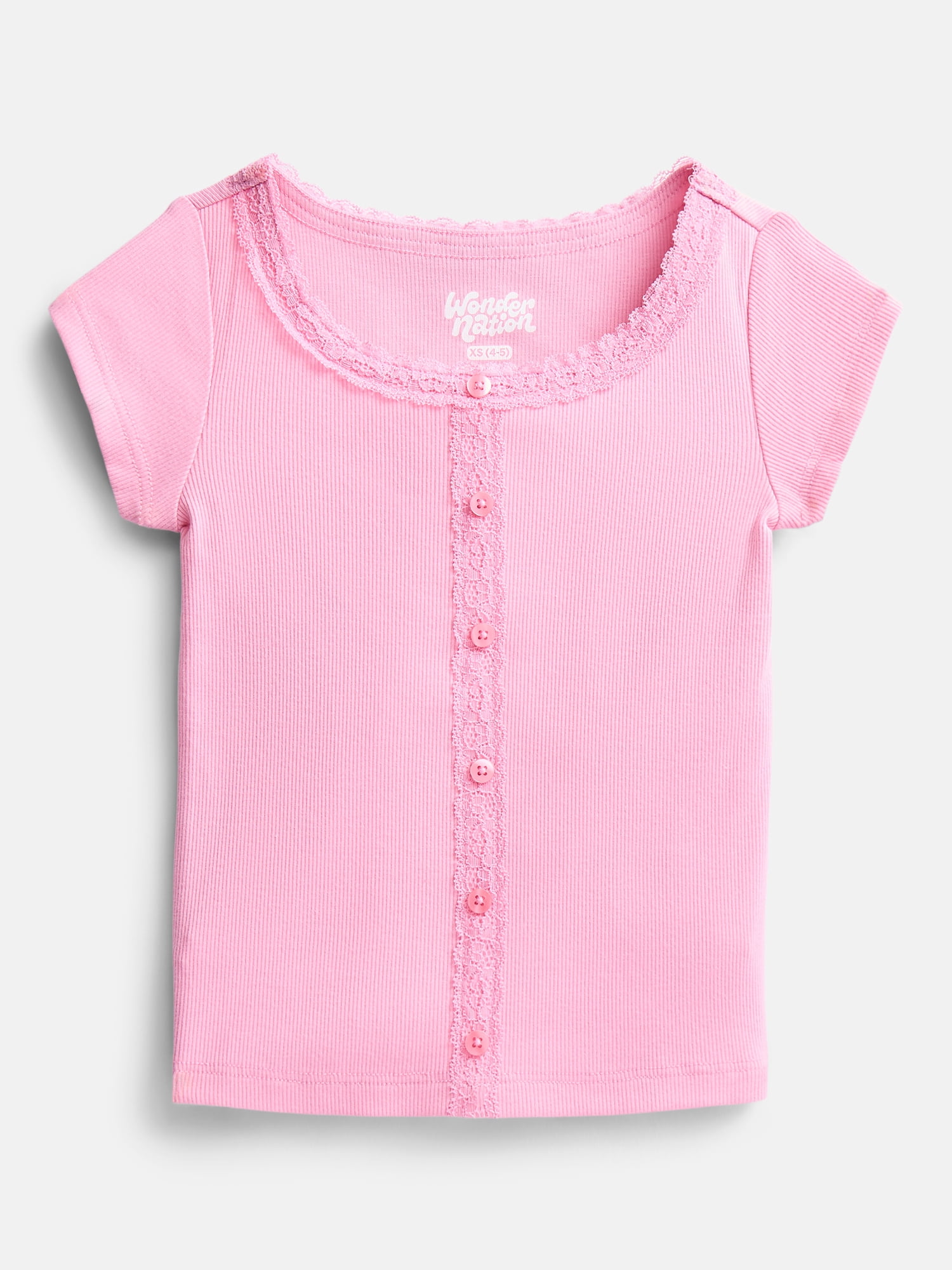Wonder Nation Girls' Lace and Button Front Top Short Sleeve Ribbed Shirt (Pink, Size 10) myutx