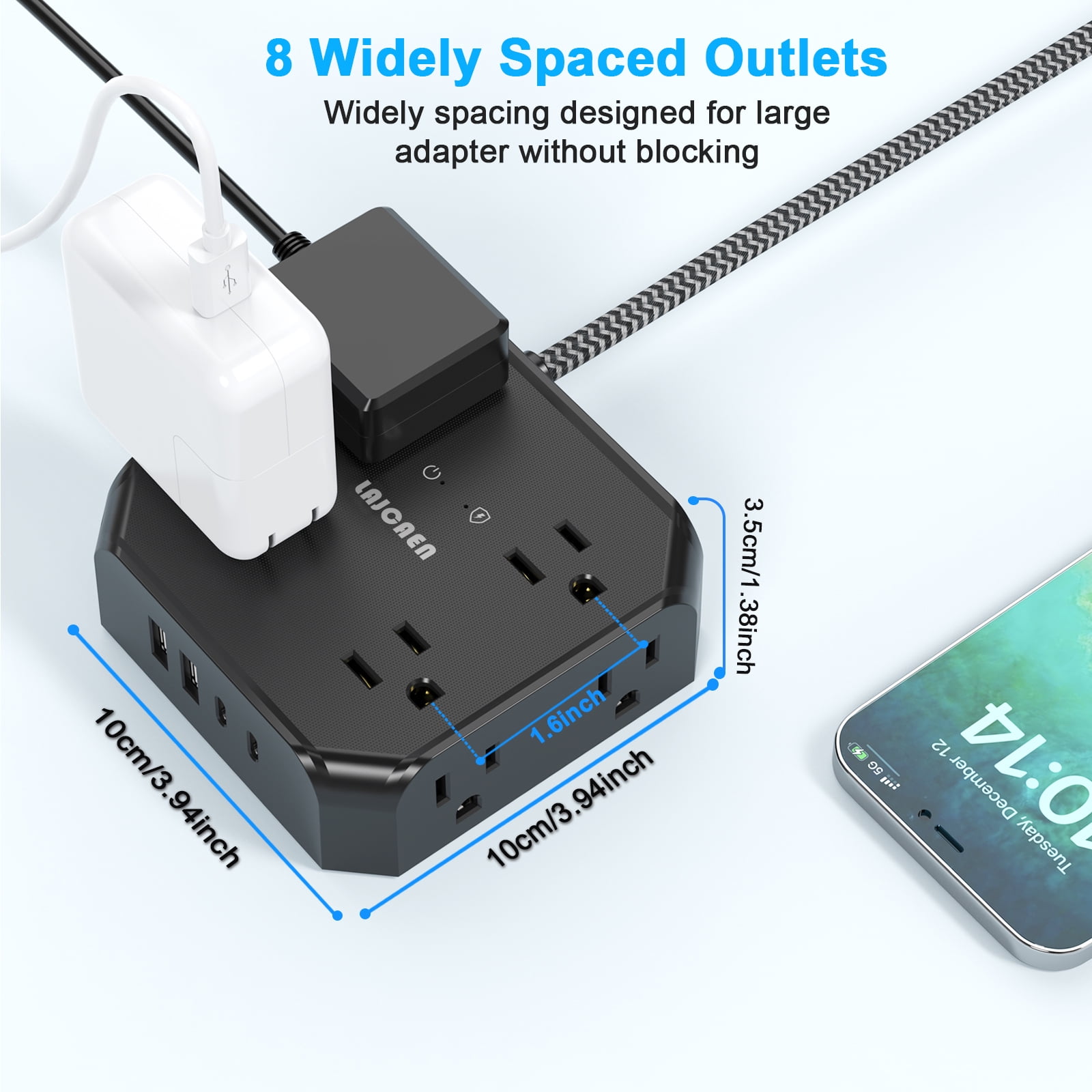 LAJCAEN Power Strip Surge Protector, 12-in-1 Extension Cord with 8 Outlets and 4 USB Ports (Black, 5 ft) 2pja8