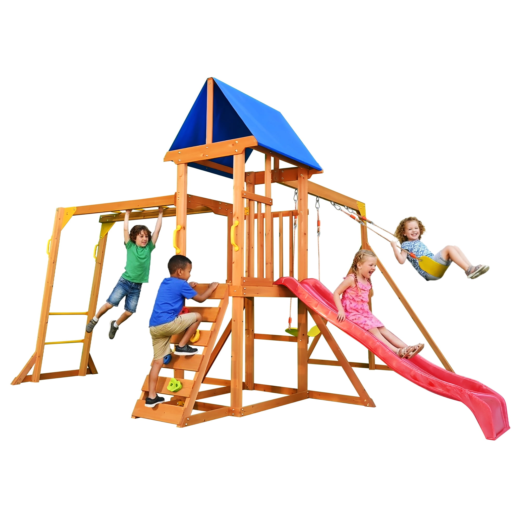 SuniBoxi Wooden Playground Set with Monkey Bars, Wave Slide, and 2 Belt Swings (Yellow, 1 Set) vaghr