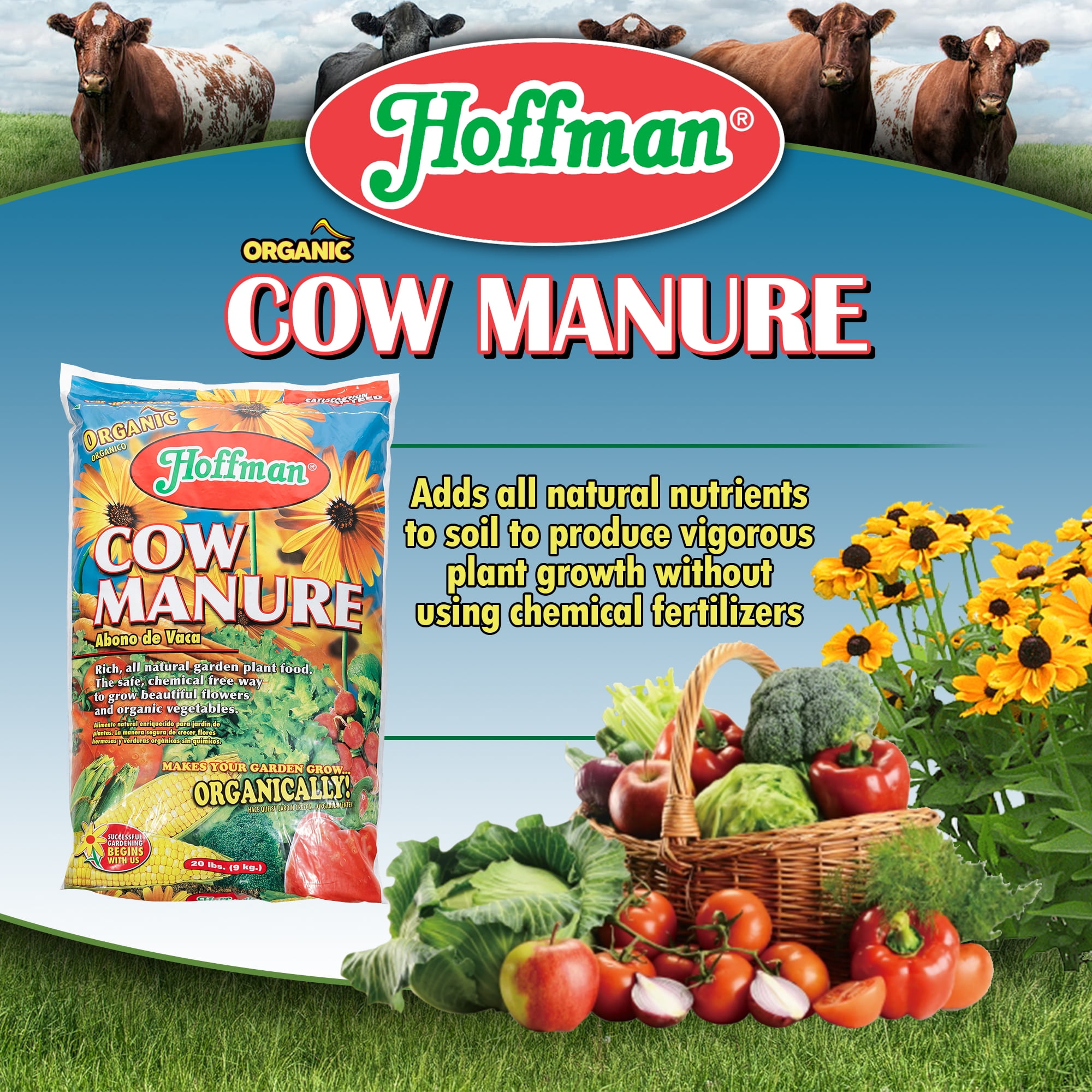 Hoffman Organic Cow Manure Garden Fertilizer for Vegetables and Flowers (1-1-1 Formulation, 20 lb) wsq4v