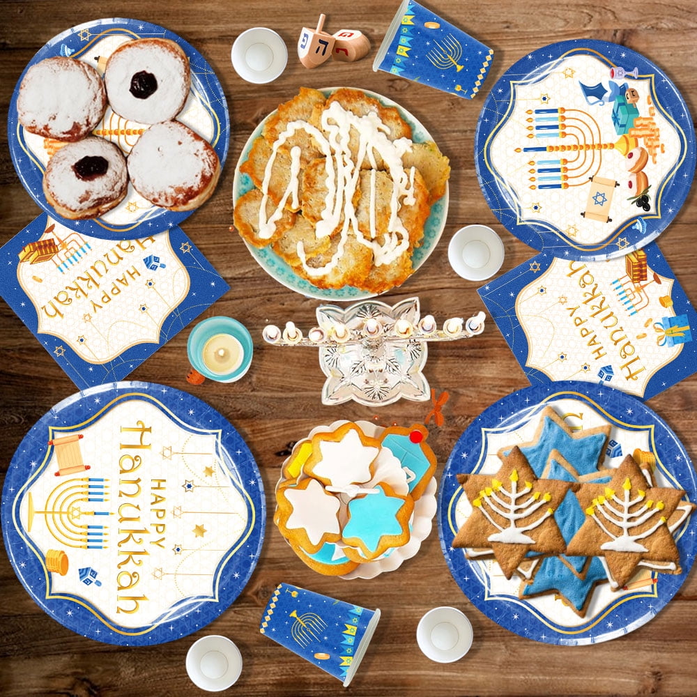 MSJEHQI Hanukkah Party Dinnerware Set, Disposable Plates, Cups, and Napkins for 24 Guests (Blue, 96 Piece Set) csxdc