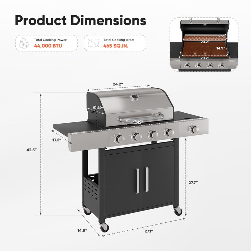 Opohoro 4-Burner Propane Gas Grill with Side Burner (465 Sq. In. Cooking Area, Black) 58n4x