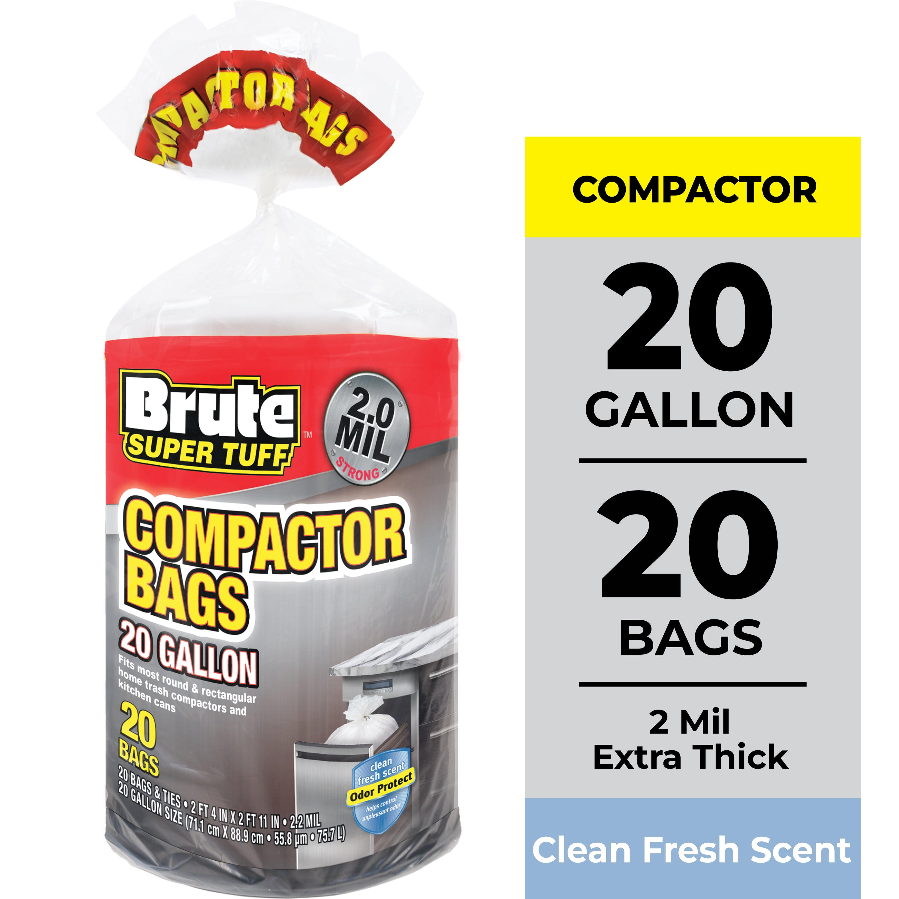 Brute Super Tuff Compactor Trash Bags, Heavy-Duty Kitchen Garbage Liners with Odor Control (White, 20 Gallon, 20 Count) ug8pk