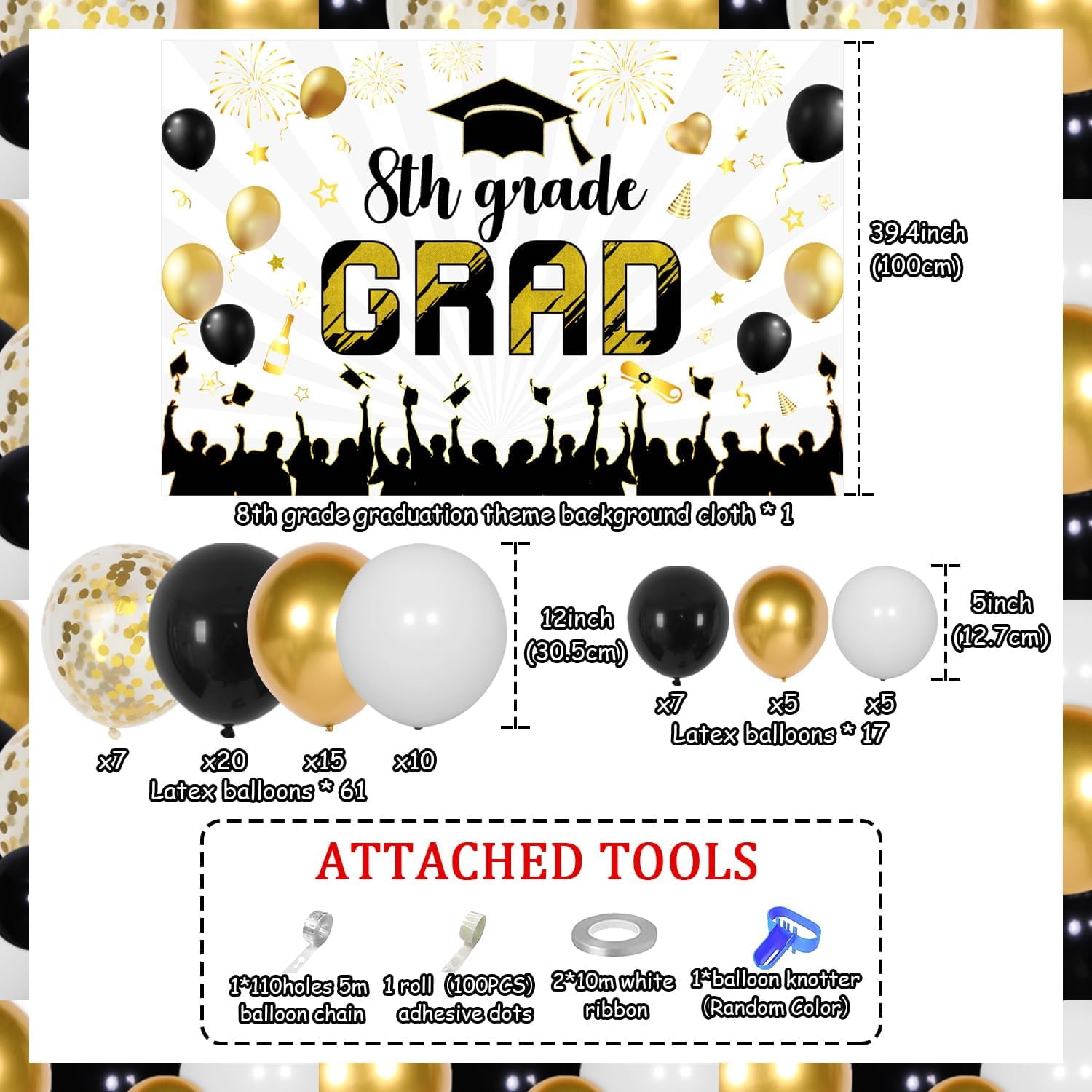 Kreat4joy 8th Grade Graduation Party Decorations 2026 Black and Gold Backdrop Balloon Garland Arch Kit (79 Pieces) oppvl