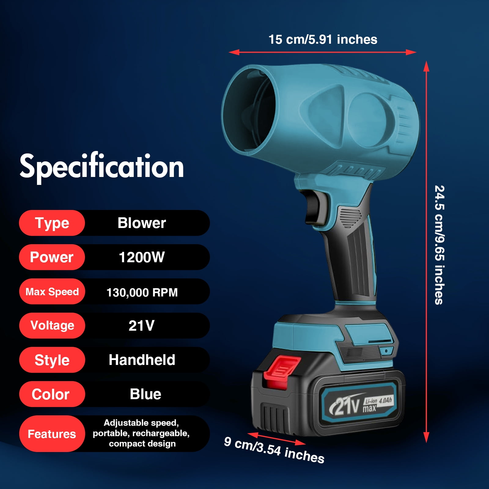 CATGOOD Cordless Turbo Leaf Blower, 130,000 RPM High-Velocity Handheld Air Blower for Lawn Care & Debris Removal (Blue, 21V) w5r3u