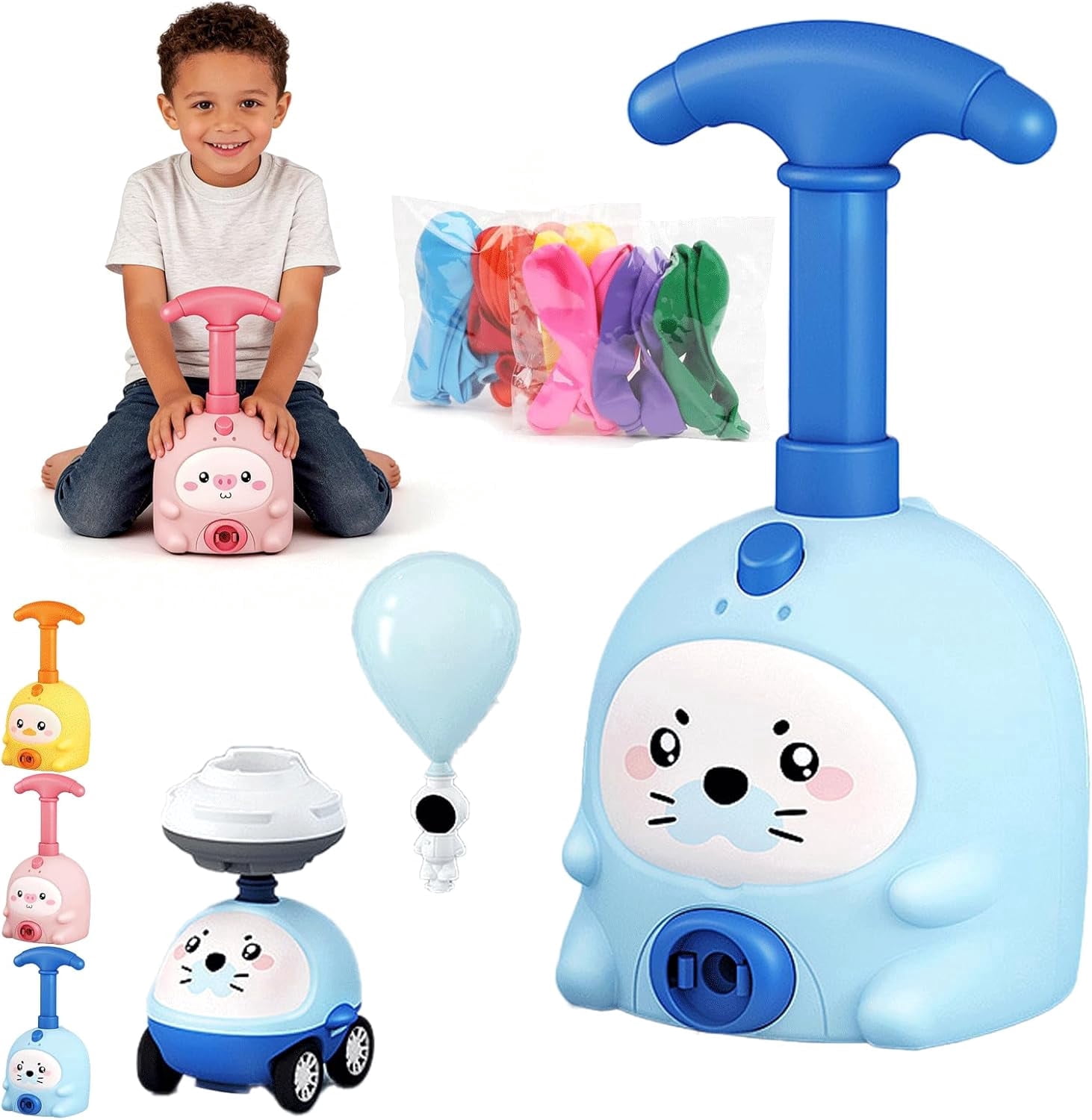 Generic 2-in-1 Balloon Powered Car Launcher Set with Manual Air Pump (Blue, 1 Set) phota