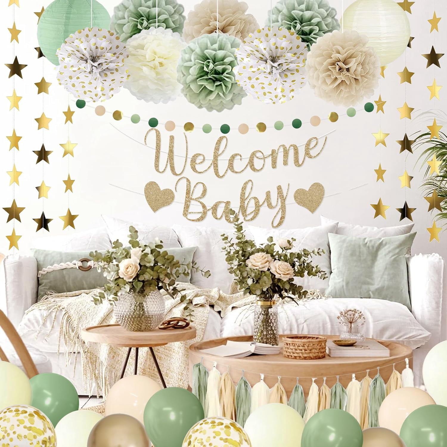 Song Yu Sage Green Baby Shower Decorations Set (Neutral Party Supplies, 50-Piece Kit) 60hrx