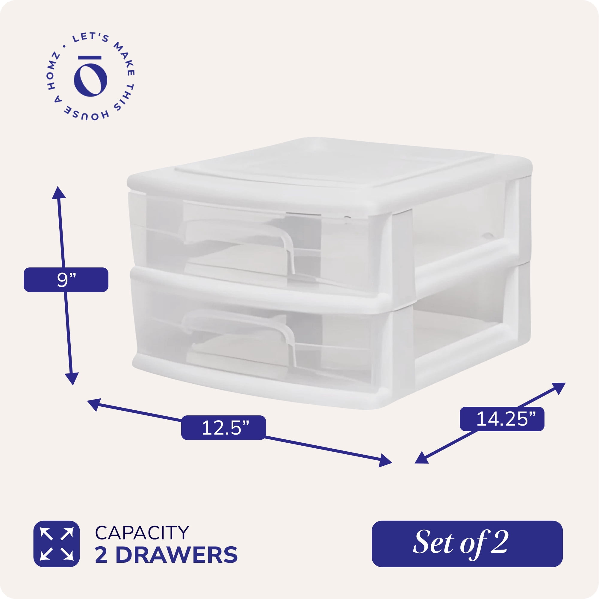 Homz Plastic 2-Drawer Medium Storage Cart Organizer with Clear Drawers (White, 2-Pack) x8qv8