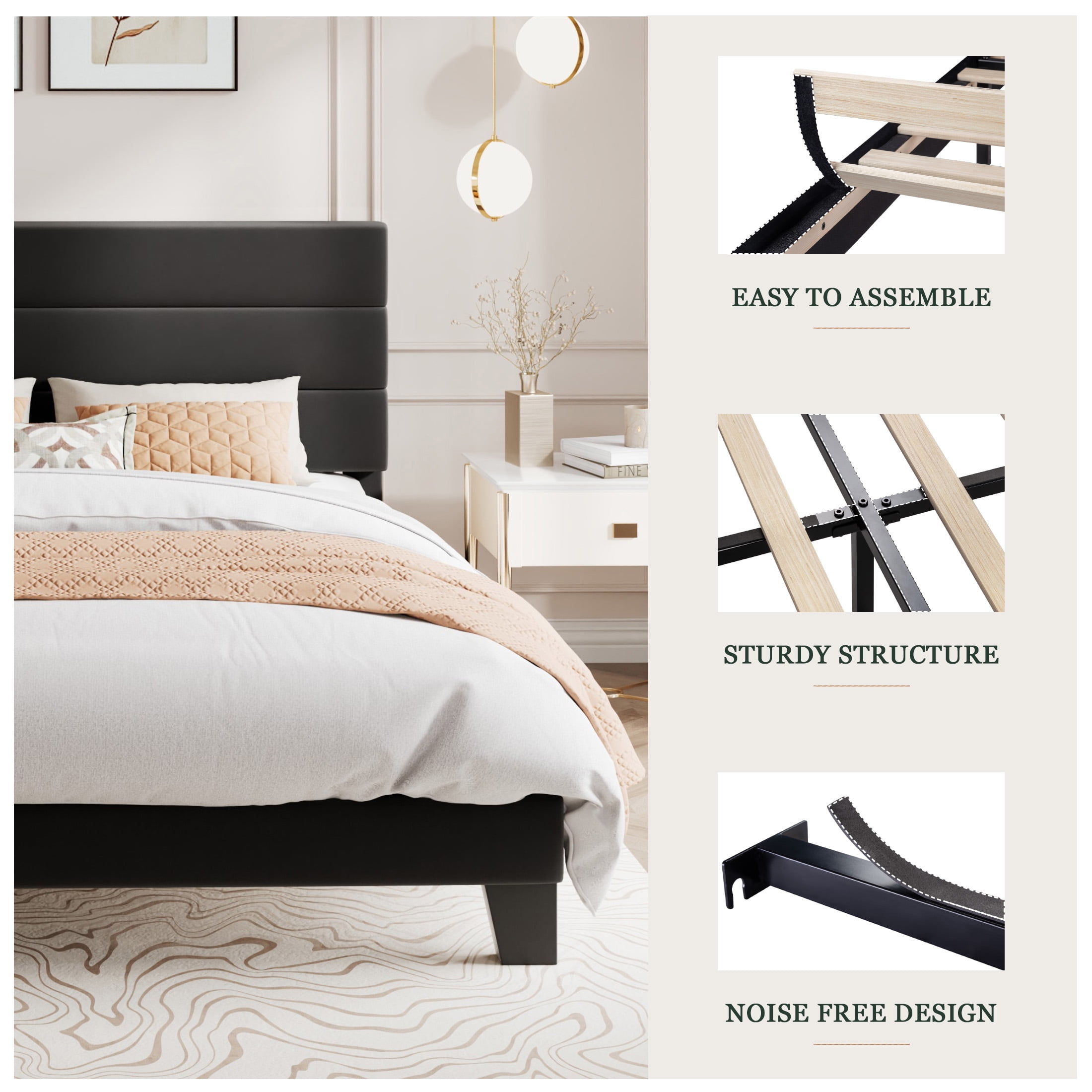 Amolife King Platform Bed Frame, Velvet Upholstered Headboard, Noise-Free Steel Support (Black, King) vul89