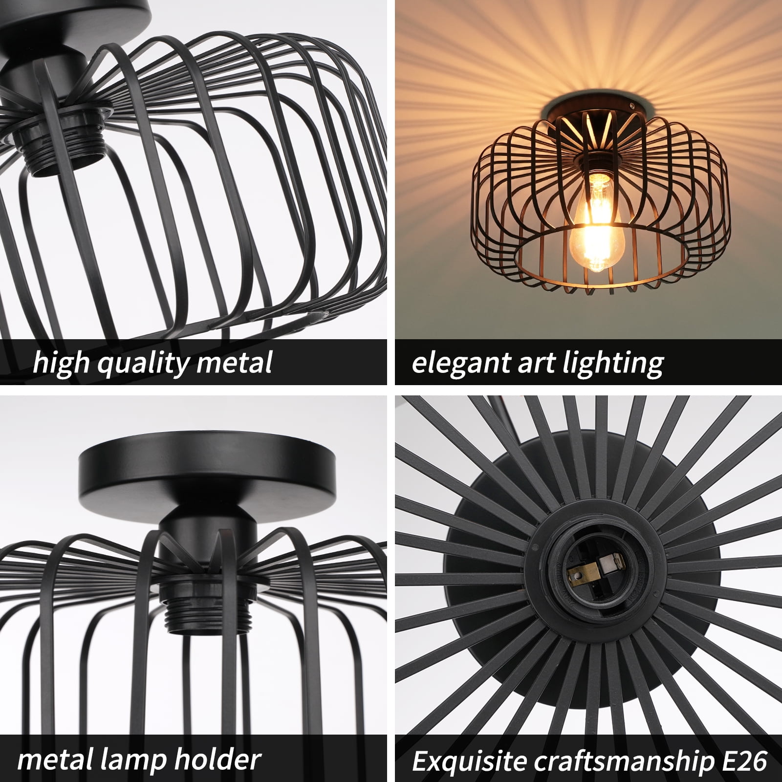 FRIDEKO HOME Modern Semi Flush Mount Ceiling Light, Industrial Metal Cage Fixture for Bedroom and Kitchen (Black, 11.22 in) 9jqjf