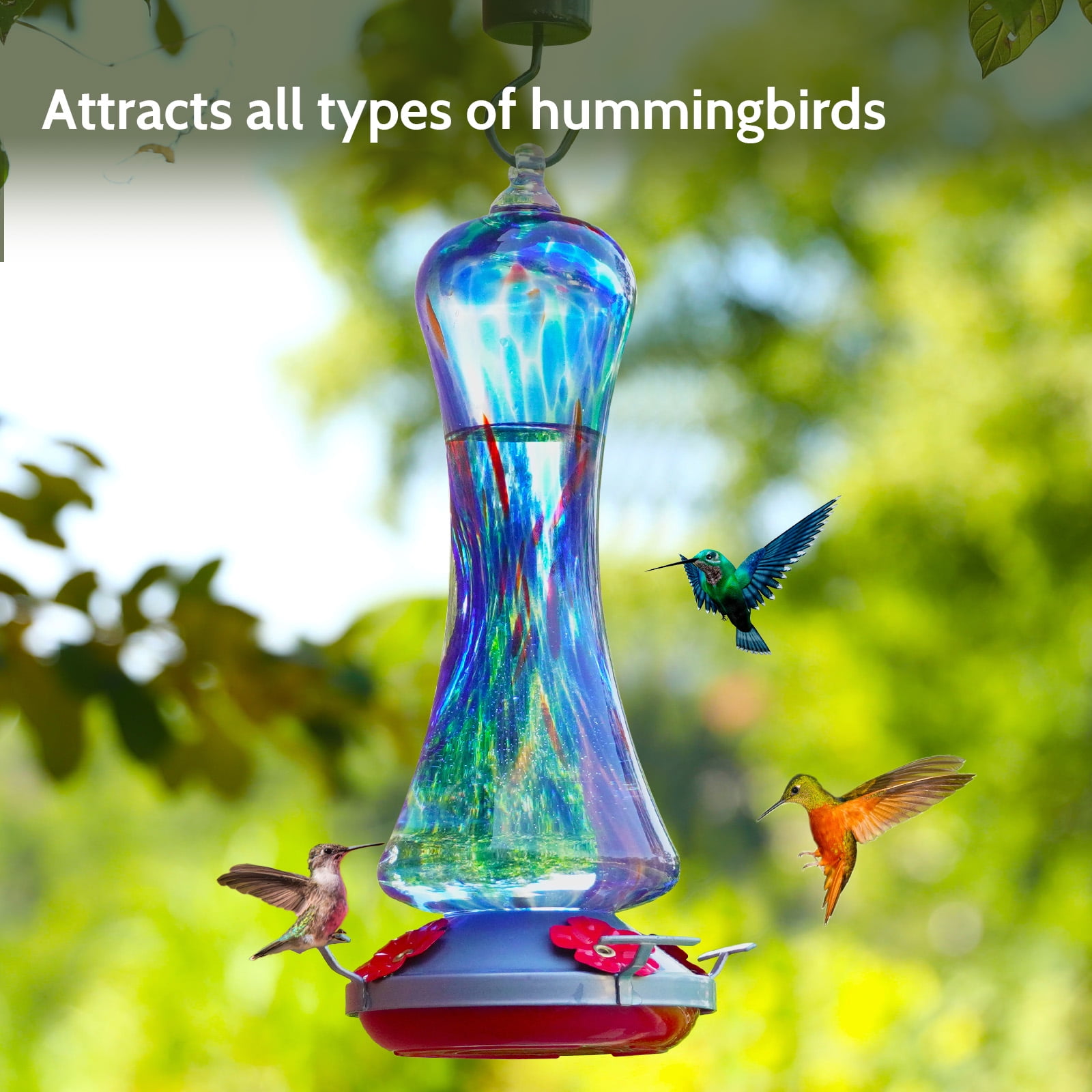 BirdKiss Hand-Blown Glass Hummingbird Feeder for Garden and Patio (Red, 16 oz) wjb7g