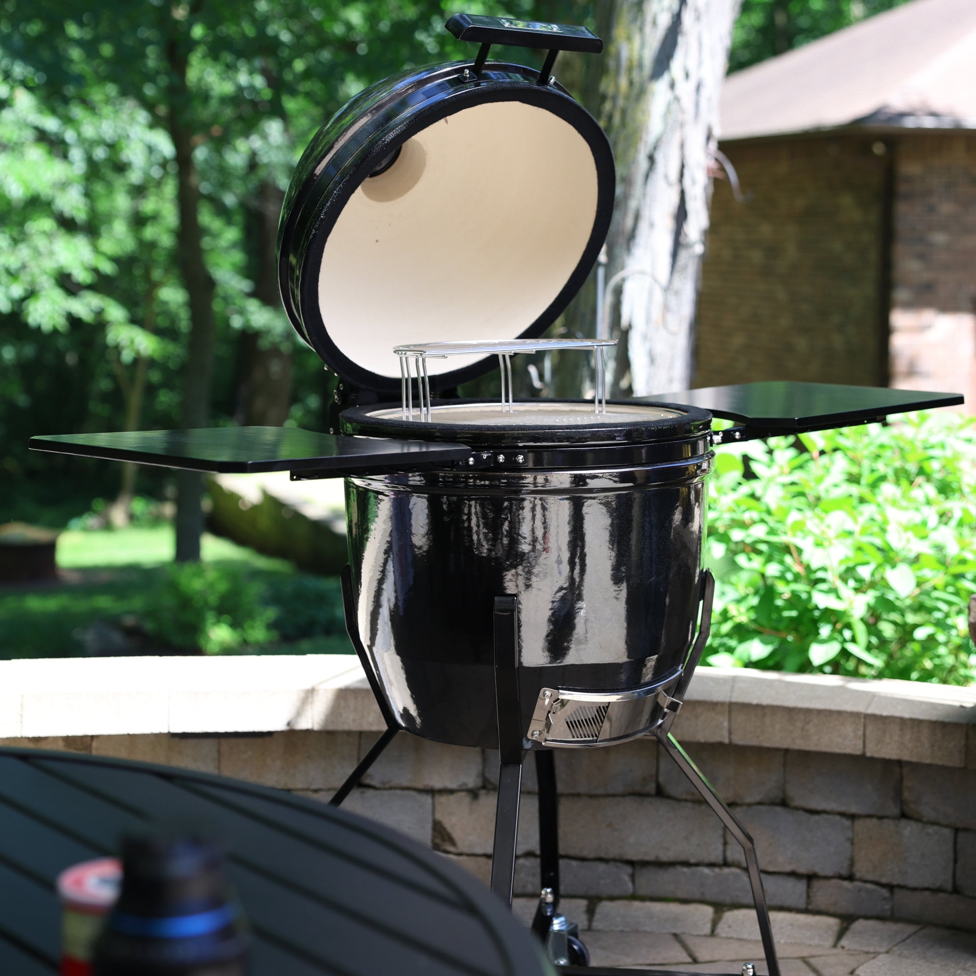 Kamado Gourmet 19 in Ceramic Grill and Smoker with Forge Fire Chamber and Bamboo Shelves (Black, 19 in) w0fui