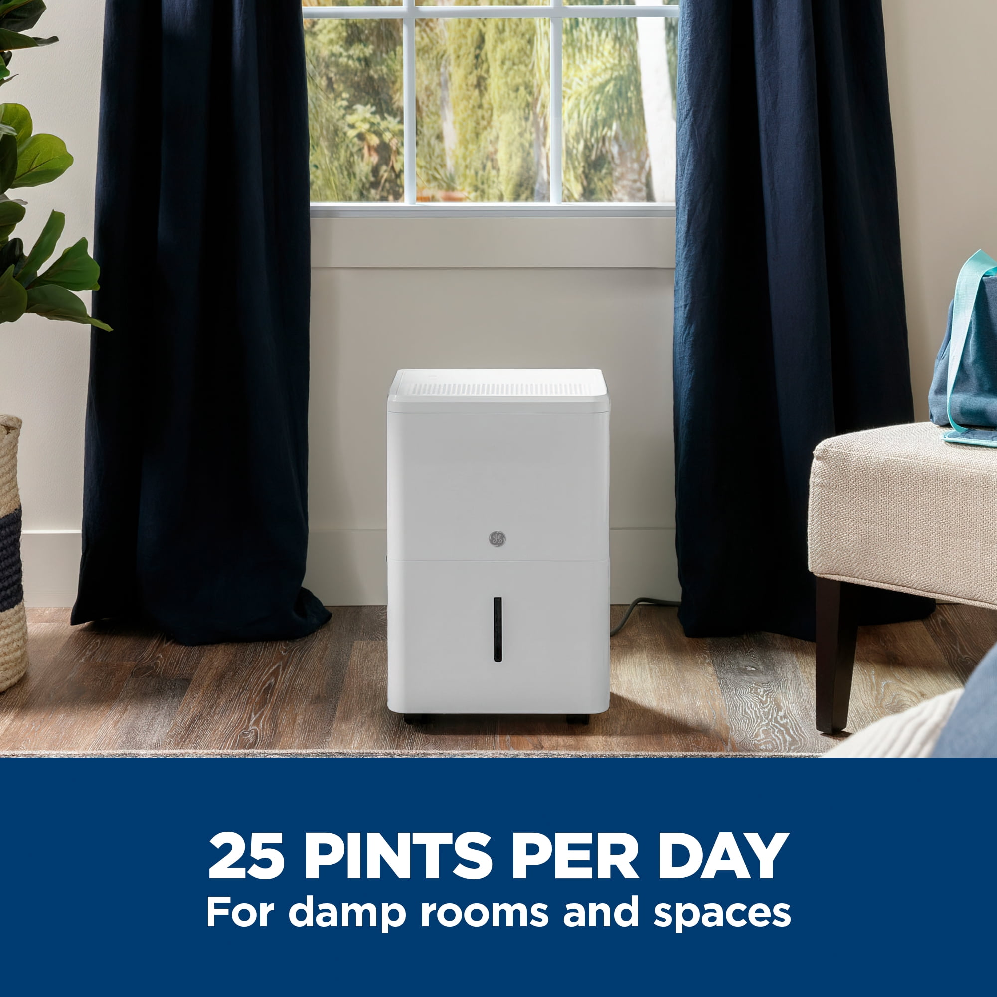 GE Appliances 25 Pint Portable Dehumidifier for Damp Spaces with Smart Dry Technology (White, 400 sq. ft. Coverage) yz446