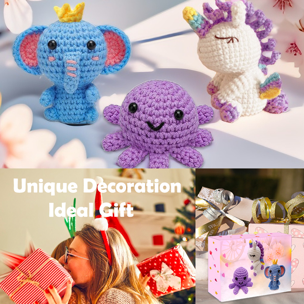 Yarniss Beginner Crochet Kit, DIY Animal Craft Set for Unicorn, Octopus, and Elephant (Multi-Color, 1 Pack) 1j3ni