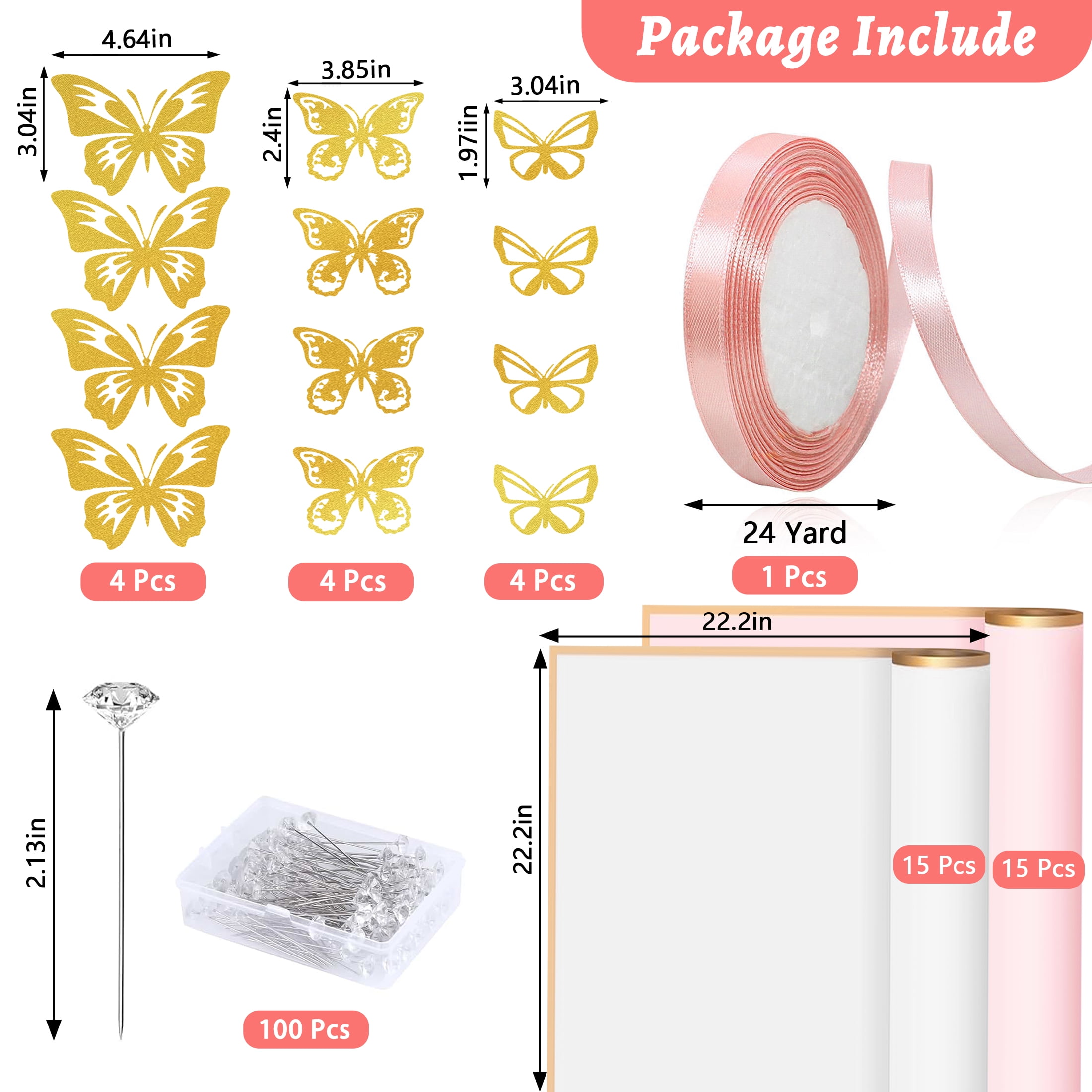 LANNEY Flower Bouquet Wrapping Paper Set, Waterproof Floral Wrap with Gold Butterfly Decor, Ribbon, and Pearl Pins (143 Pcs, 22.2 x 22.1 in) k4y5f