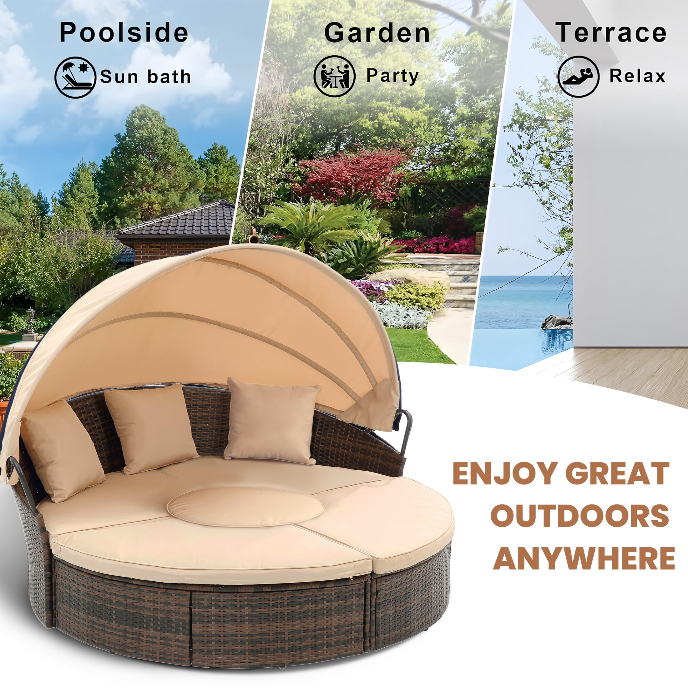 Seizeen 4-Piece Outdoor Patio Daybed with Retractable Canopy, Rattan Wicker Sectional Conversation Set with Lifting Ottoman Table (Khaki, 4-Piece) rnj6u