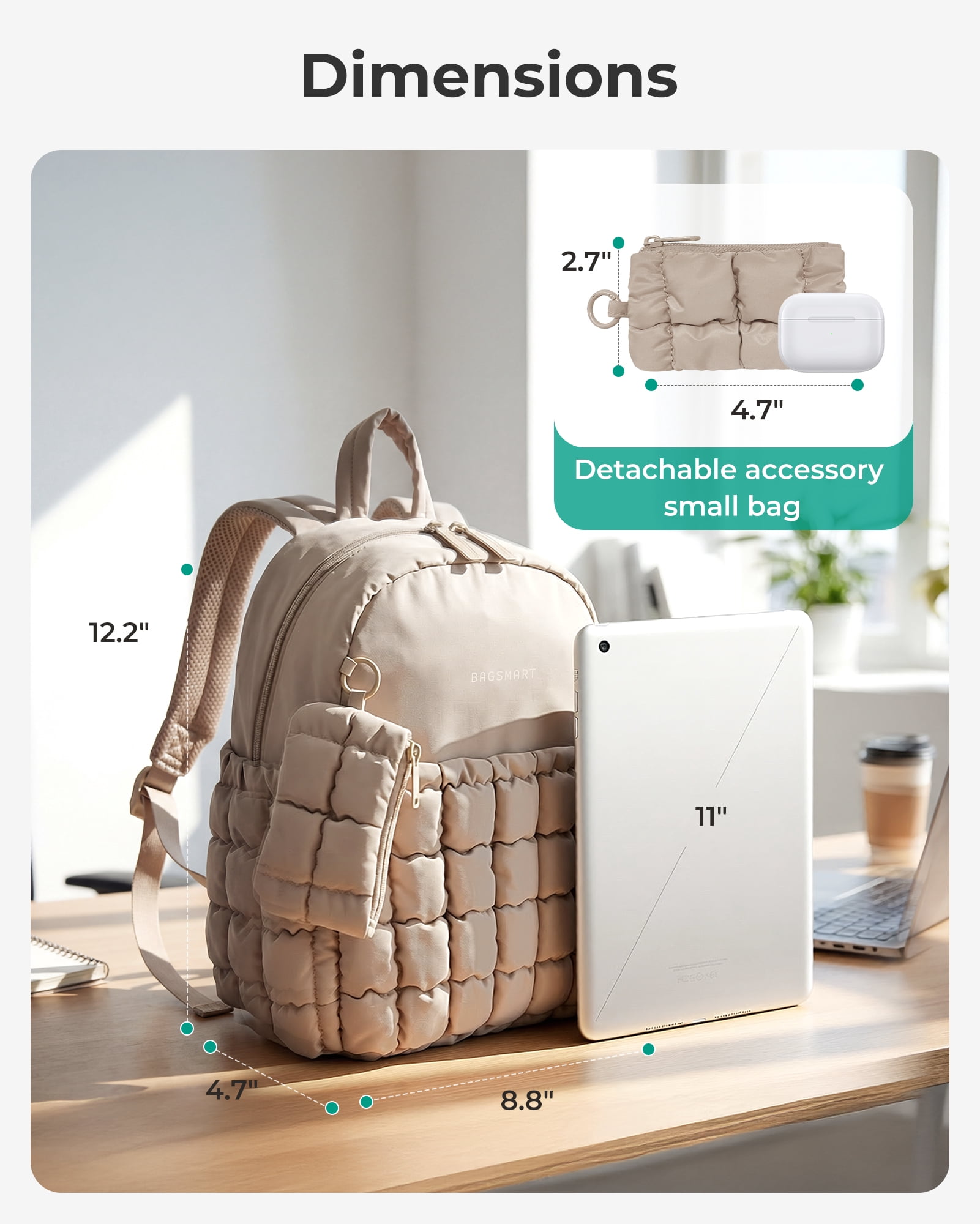 BAGSMART Quilted Mini Backpack, Lightweight Puffer Travel Daypack with Detachable Pouch (Camel, 12.2 x 8.8 x 4.7 in) o97zk